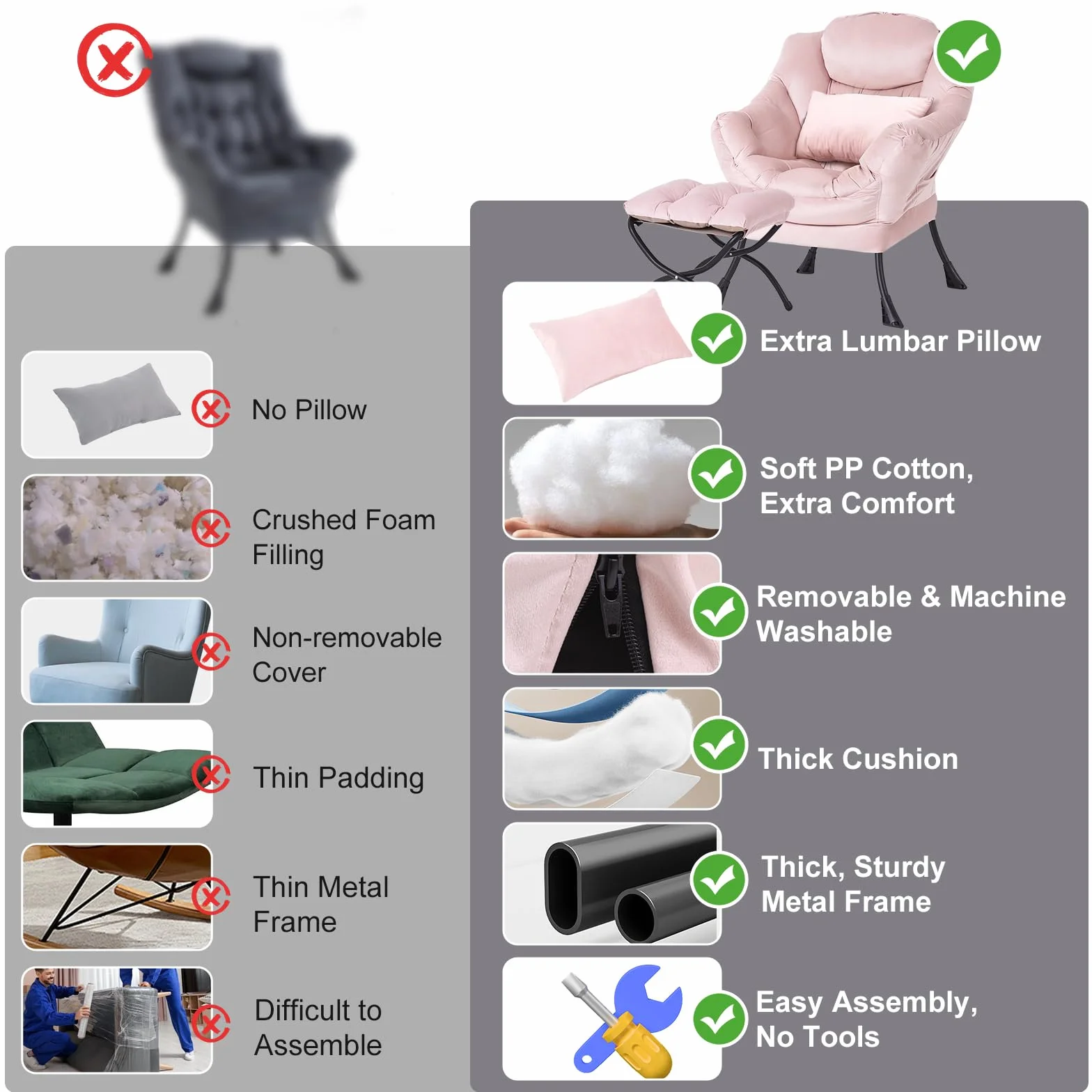 Lazy Chair with Ottoman, Velvet Reading Chair with Pillow，Pink | Comfy Accent Lounge Chair with Pillow & folding Foot Stool, sturdy metal frame for bedroom, dorm or apartment, Living Room