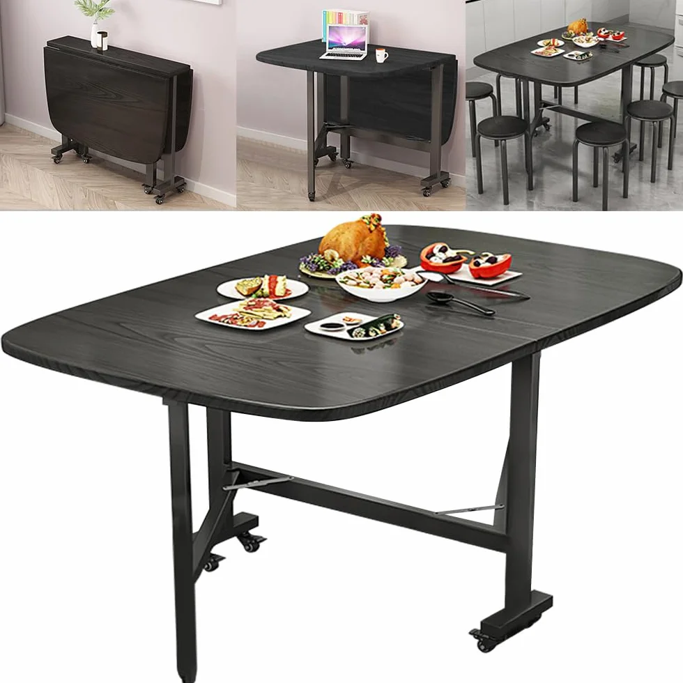 Multifunction Table Drop Leaf Dining Table - 47" Wooden Foldable Kitchen Table with 6 Wheels (Black)