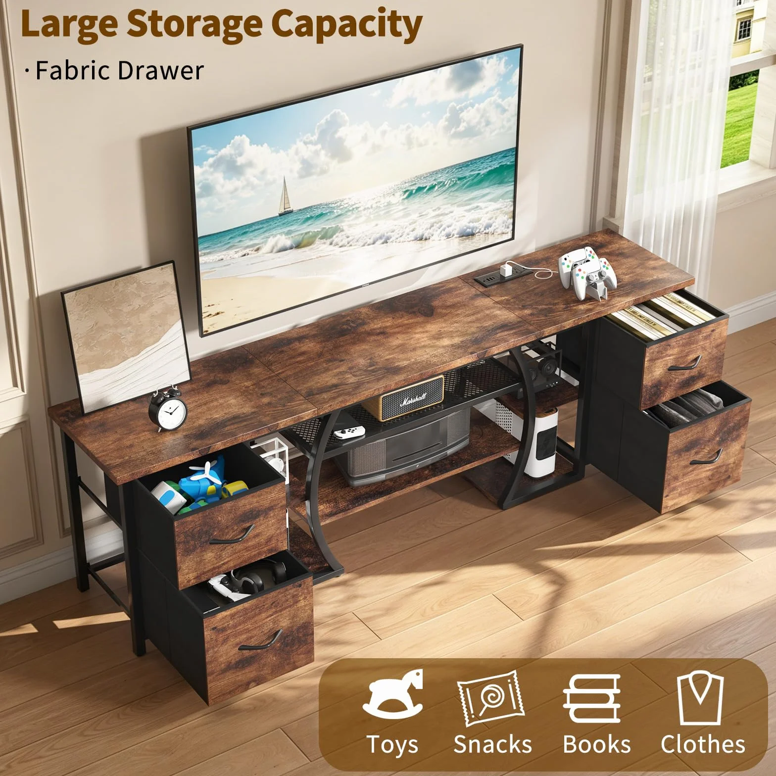 LED TV Stand for 65, 70, 80 Inch TV,71 Inch Industrial Entertainment Center with Power Outlets,Media Console Table with Open Storage Shelves & Fabric Drawers for Living Room Bedroom,Rusti Brown