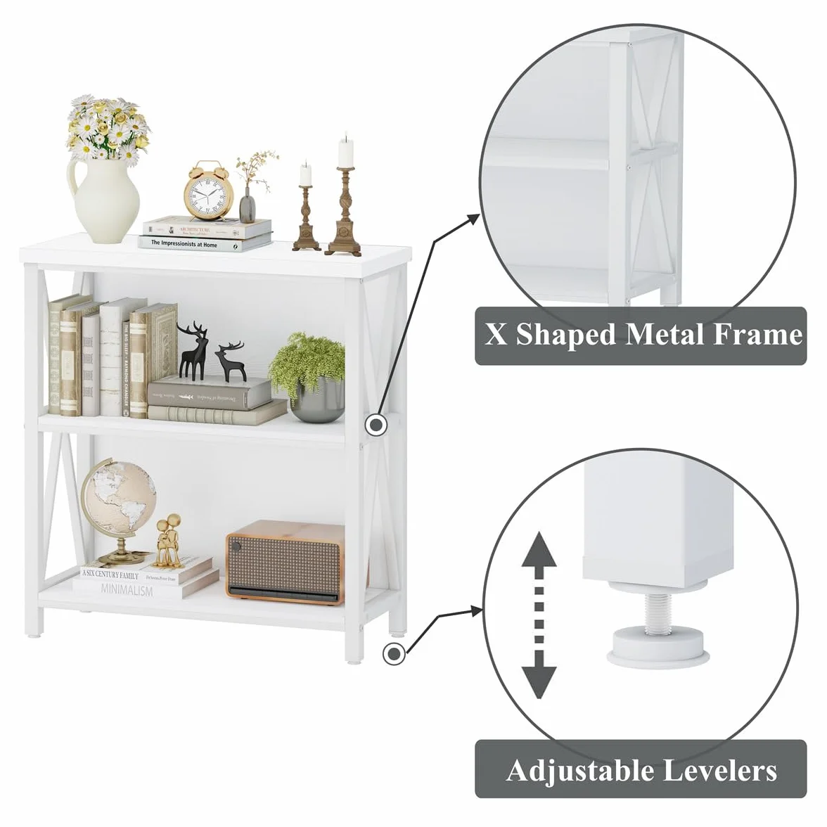 Small Bookshelf for Small Space, Short Rustic Low Bookcase, Modern Wood and Metal Book Shelf and Narrow Book Case for Living Room, Hallway (White Oak)