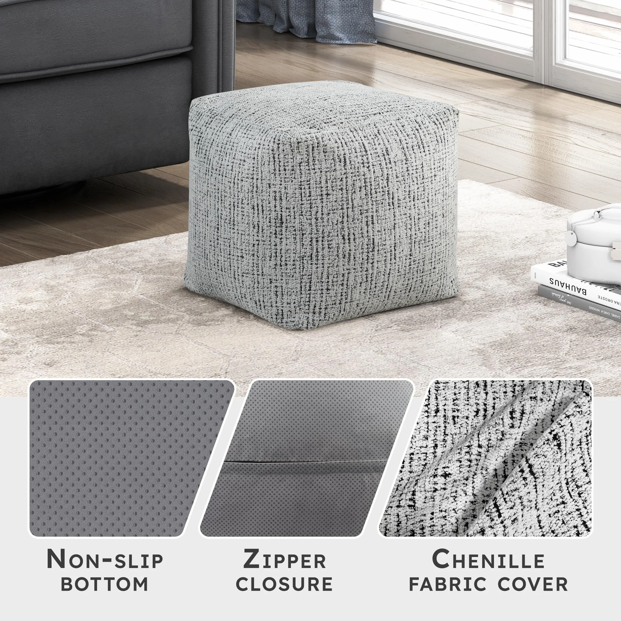 Lexicon Pouf Ottoman, Square Ottoman Foot Rest, Chenille Fabric Pouf, Small Foot Stools for Couch with Filling for Living Room/Bedroom, Multi-Color