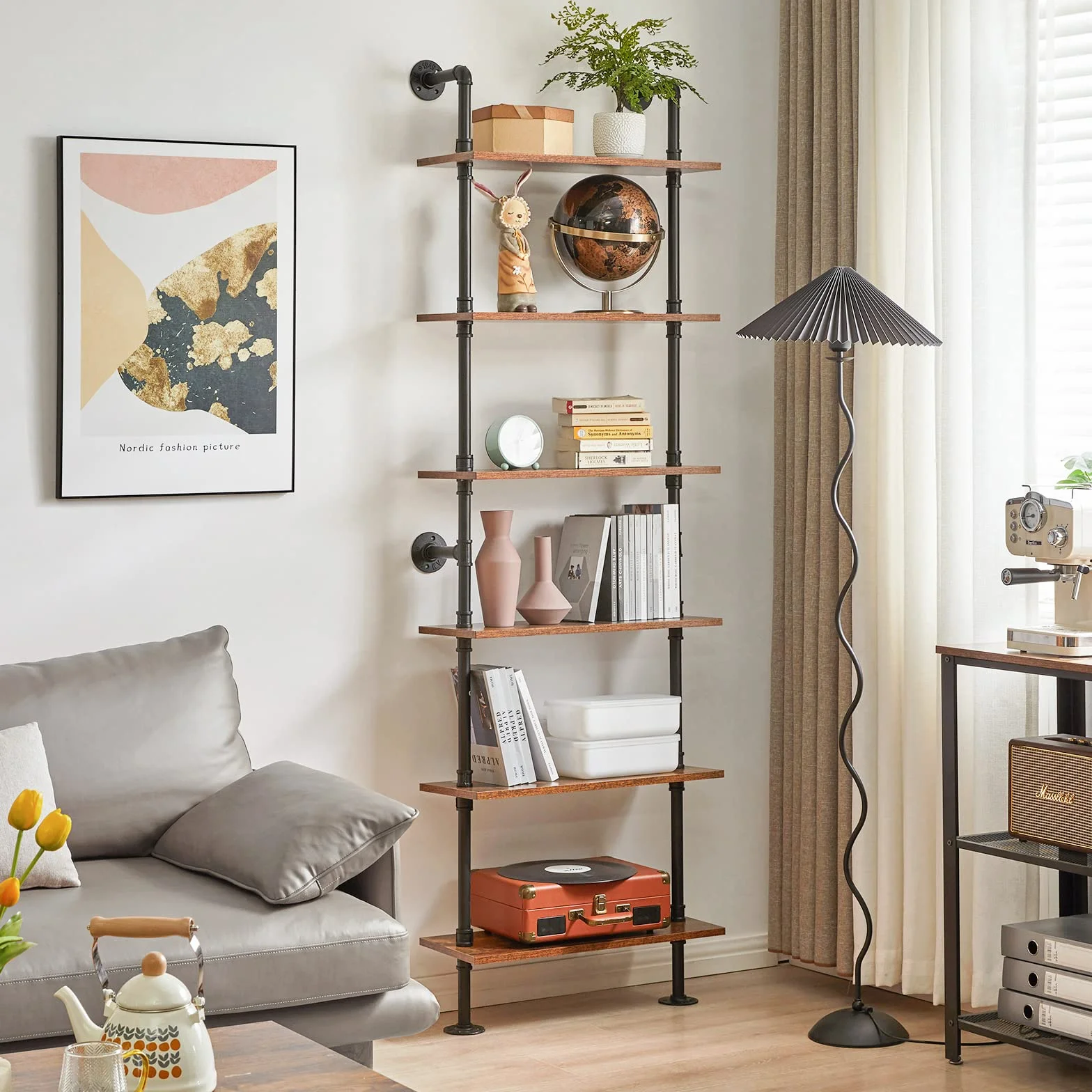 YMYNY Industrial Pipe Ladder Shelf, 6-Tier Wall Mounted Bookcase with Metal Frame, 78.7" Open Bookshelf, Multifunctional Storage Rack for Home Office, Living Room, Plant Stand, Rustic Brown, RF-TM018