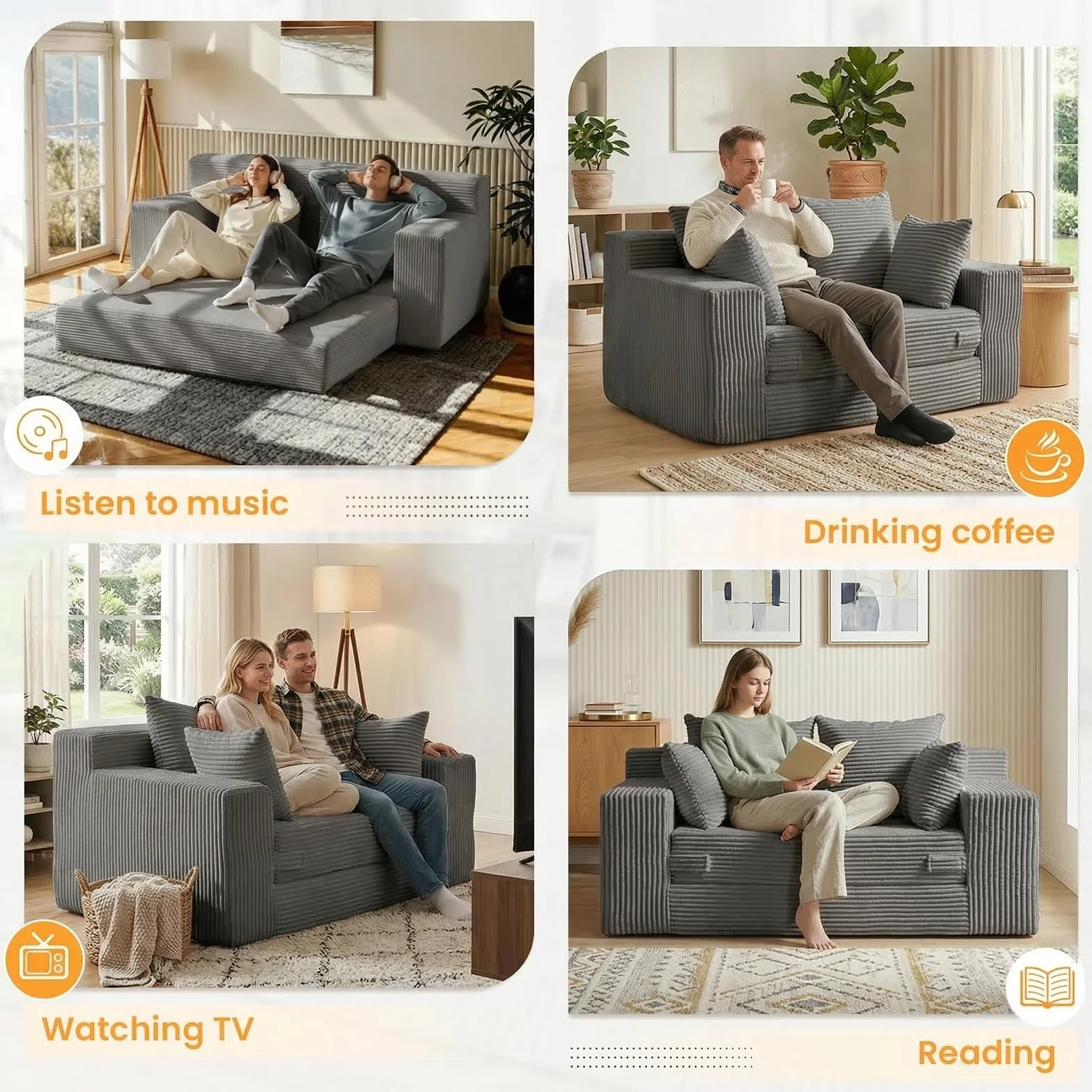 Winzon Boneless Loveseat, 3 in 1 Convertible Sofa Bed Sleeper Sofa Floor Futon Bed with 4 Pillows, 55" Grey Boneless Couch for Living Room, Guest Room, Small Space, No Assembly Required, Corduroy