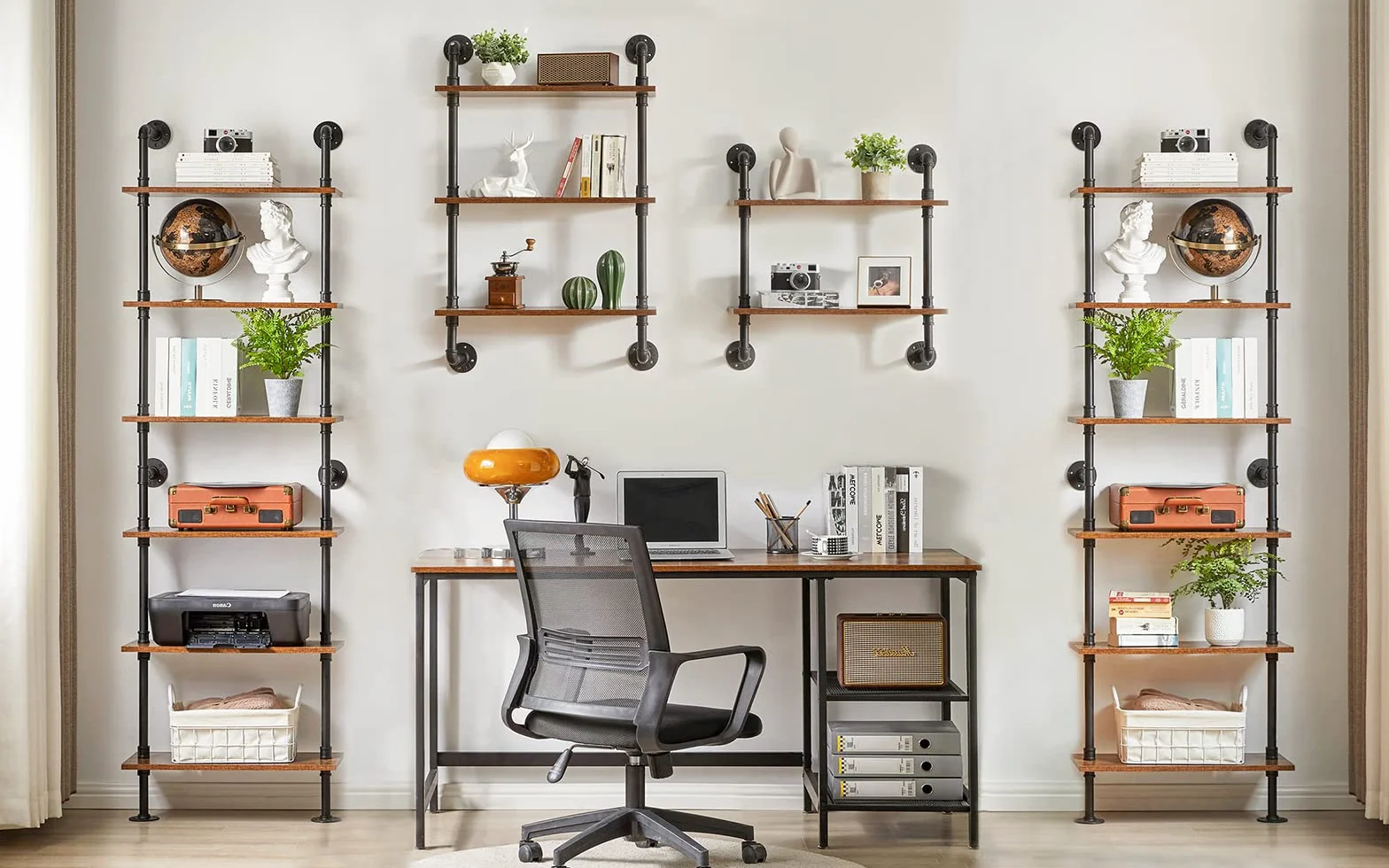 YMYNY Industrial Pipe Ladder Shelf, 6-Tier Wall Mounted Bookcase with Metal Frame, 78.7" Open Bookshelf, Multifunctional Storage Rack for Home Office, Living Room, Plant Stand, Rustic Brown, RF-TM018