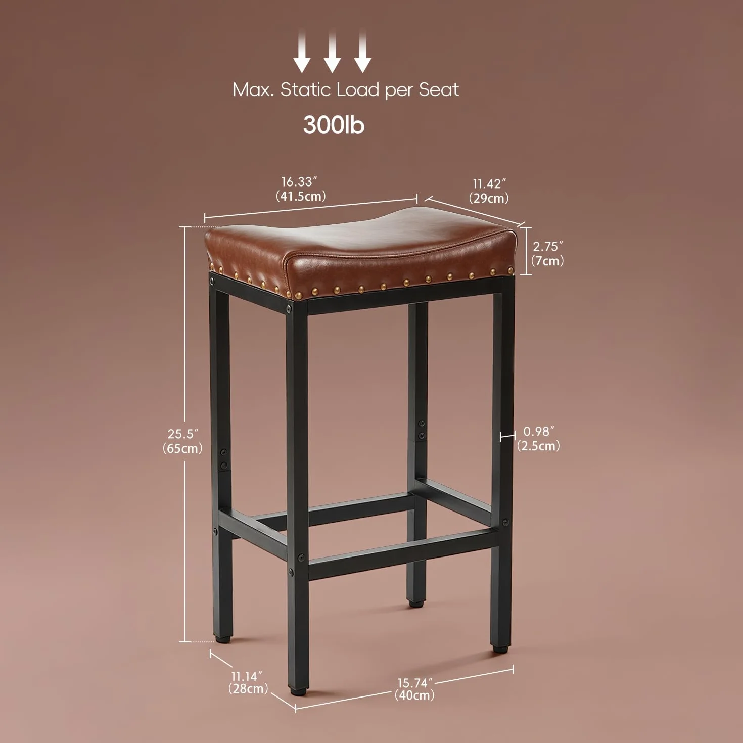 Forteek 25.5'' Bar Stools Set of 2, Counter Height Barstools with Nailhead | Bar Height Stools, Faux Leather Barstool with Footrest, Saddle Stool for Kitchen Island, Dining Room, Easy Assembly, Brown