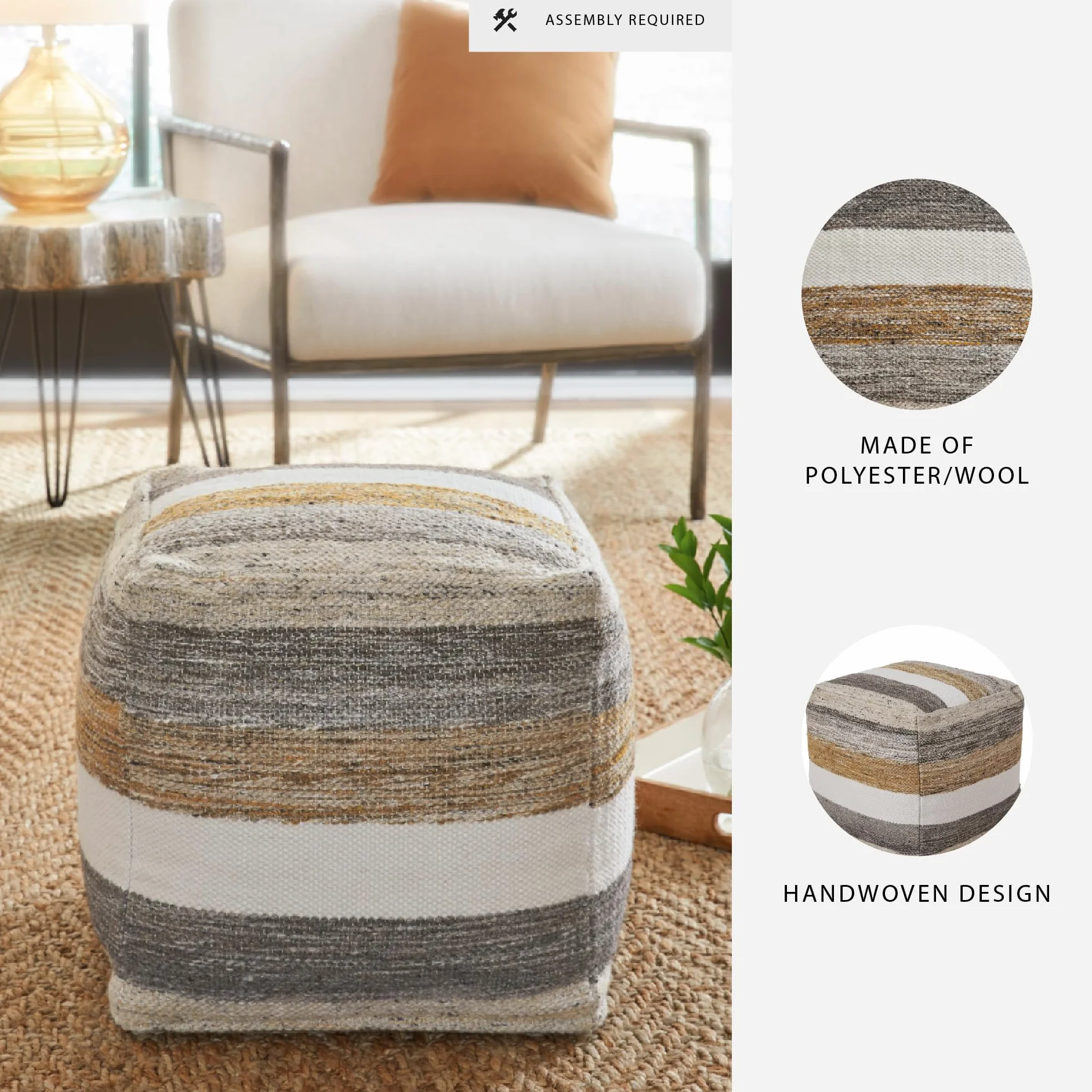 Signature Design by Ashley Striped 16x16 Square Pouf Ottoman, Gray/Brown | Handwoven polyester/wool cover, Supportive polystyrene bead filling, Ideal for casual seating or footrests, Josalind Series