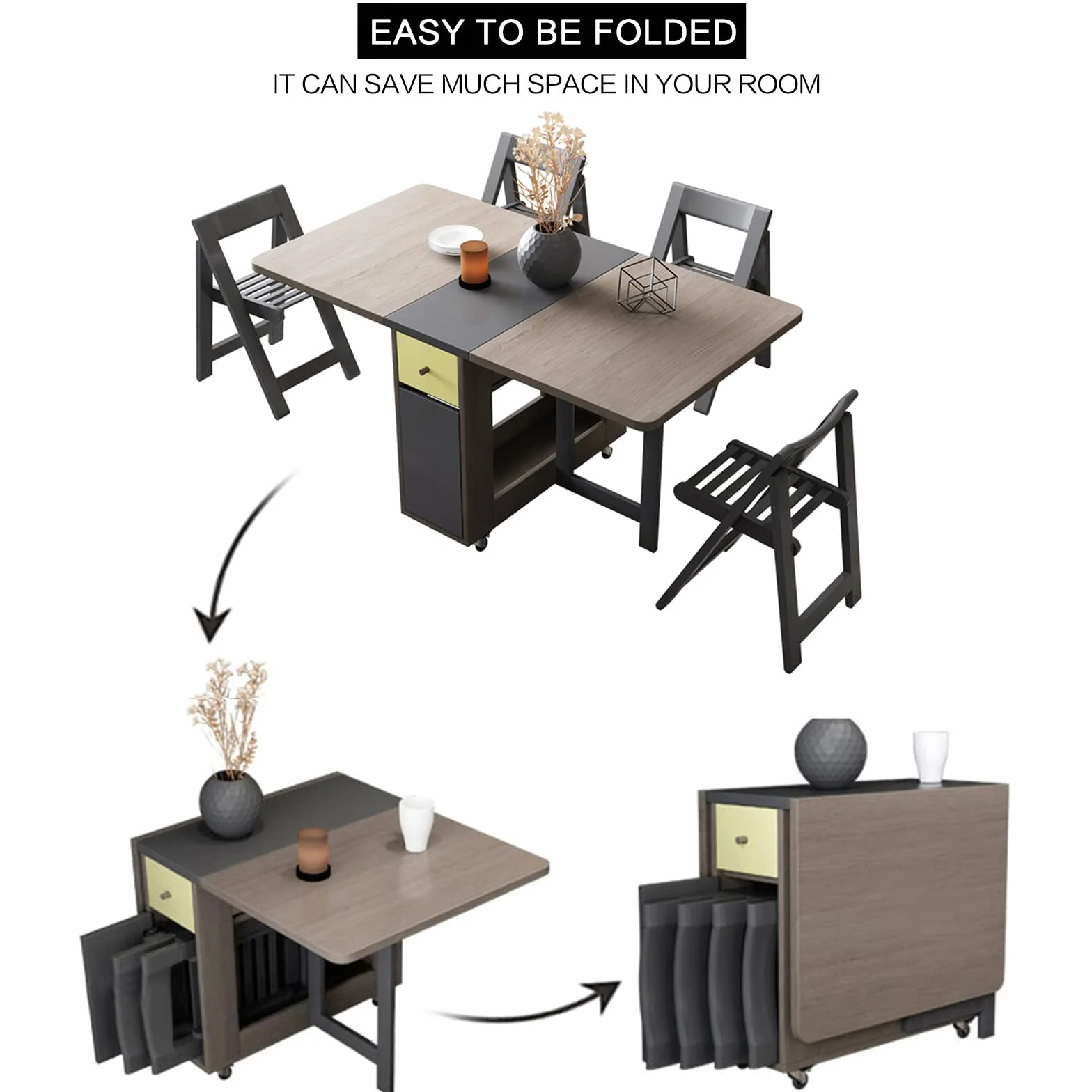 Drop Leaf Folding Dining Table with Storage, 2 Drawers, Grey | 3 Foldable Forms, Space Saving, Movable on Casters, for Kitchen Dining Living Room, Extendable, Versatile
