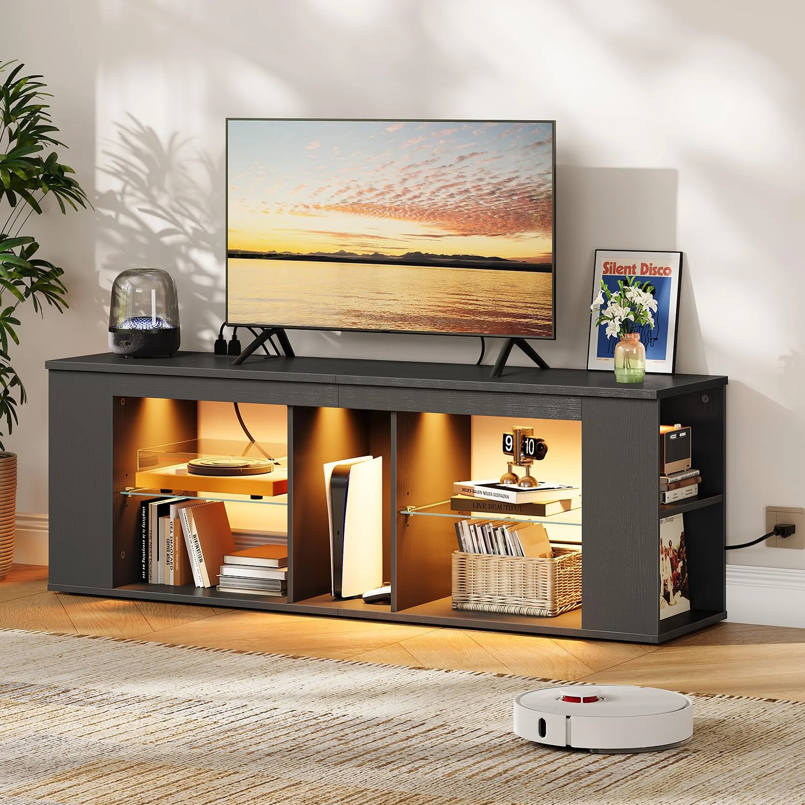 55" TV Stand for up to 65" TVs with RGB LED Lights, Built-in Power Outlet, Adjustable Glass Shelves & Open Storage, Modern Media Console for Living Room & Game Room, Black MDS05UDBB