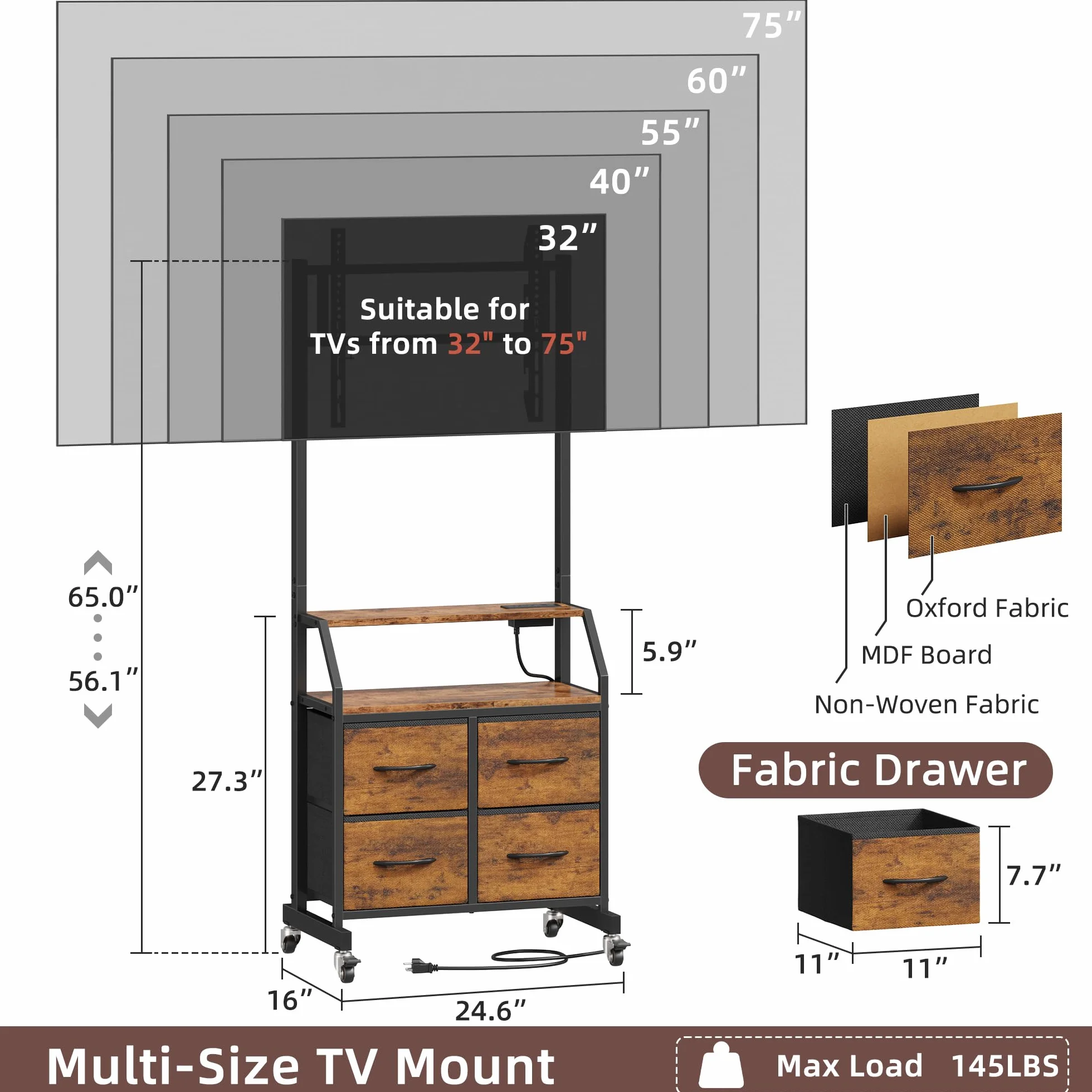 GYIIYUO Rolling TV Stand with Mount & 4 Fabric Drawers for 32-75 inch TVs | Holds up to 145 lbs with lockable rolling wheels, built-in 2 AC outlets and USB charging, great for apartments and bedrooms