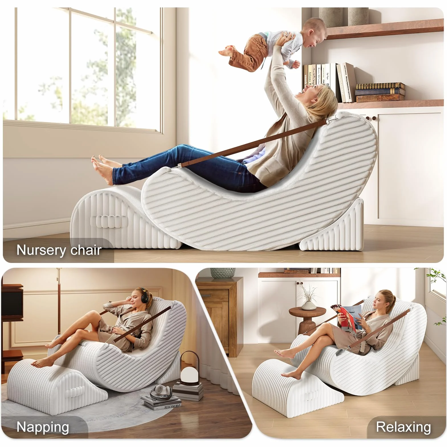 Quiet Rocking Chair, 3-in-1 Adjustable Boneless Floor Recliner for Adults | Zero Gravity Comfort as a Rocker, Chaise Lounger or Floor Seat, with Faux Fur Washable Cover for Reading, Nursing or Gaming