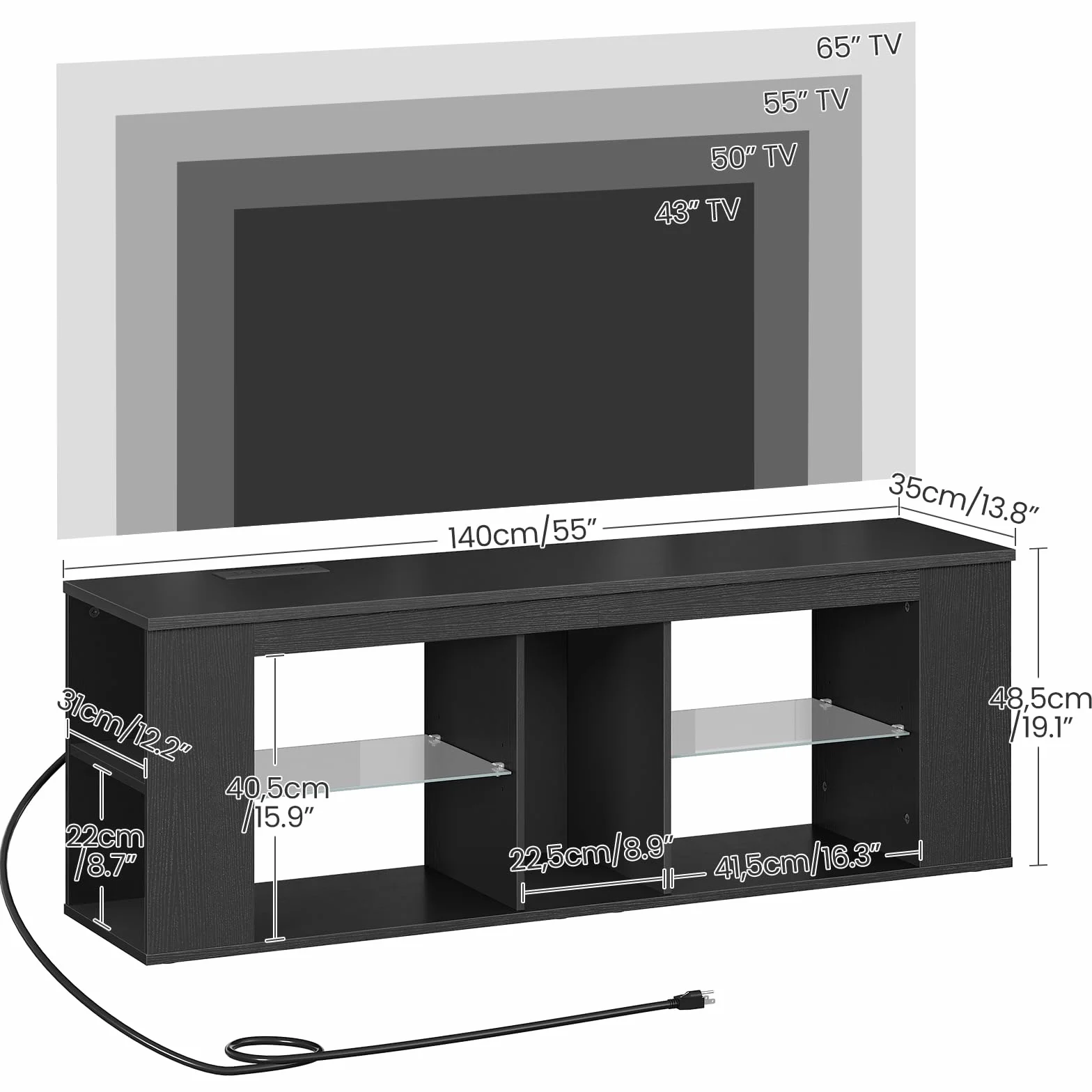 55" TV Stand for up to 65" TVs with RGB LED Lights, Built-in Power Outlet, Adjustable Glass Shelves & Open Storage, Modern Media Console for Living Room & Game Room, Black MDS05UDBB