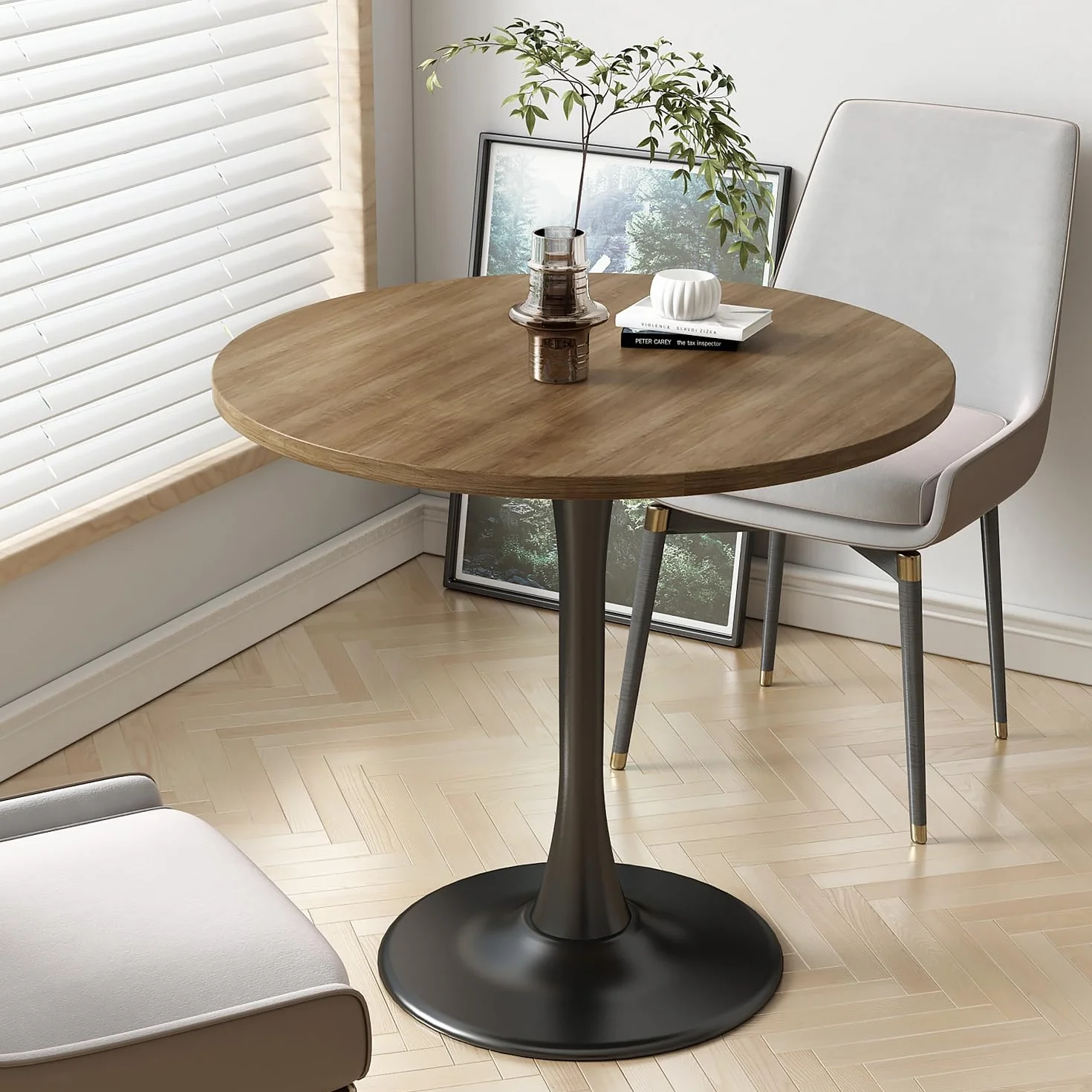 Round Dining Table 31.5" Circle Tulip Table for 4 People,Walnut | Mid Century Modern Leisure Kitchen Table with Wood Thickened Tabletop Sturdy Metal Pedestal for Small Places Living Room Cafe