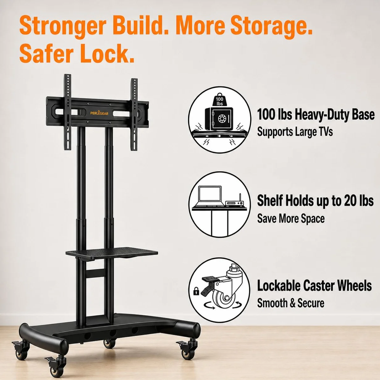 Perlegear Rolling TV Stand for 32-84 Inch TV, Mobile TV Cart up to 100lbs, Adjustable Height Outdoor TV Cart with Heavy-Duty Base, VESA 600x400mm, Portable TV Stand on Wheels for Livingroom PGTVMC05-1