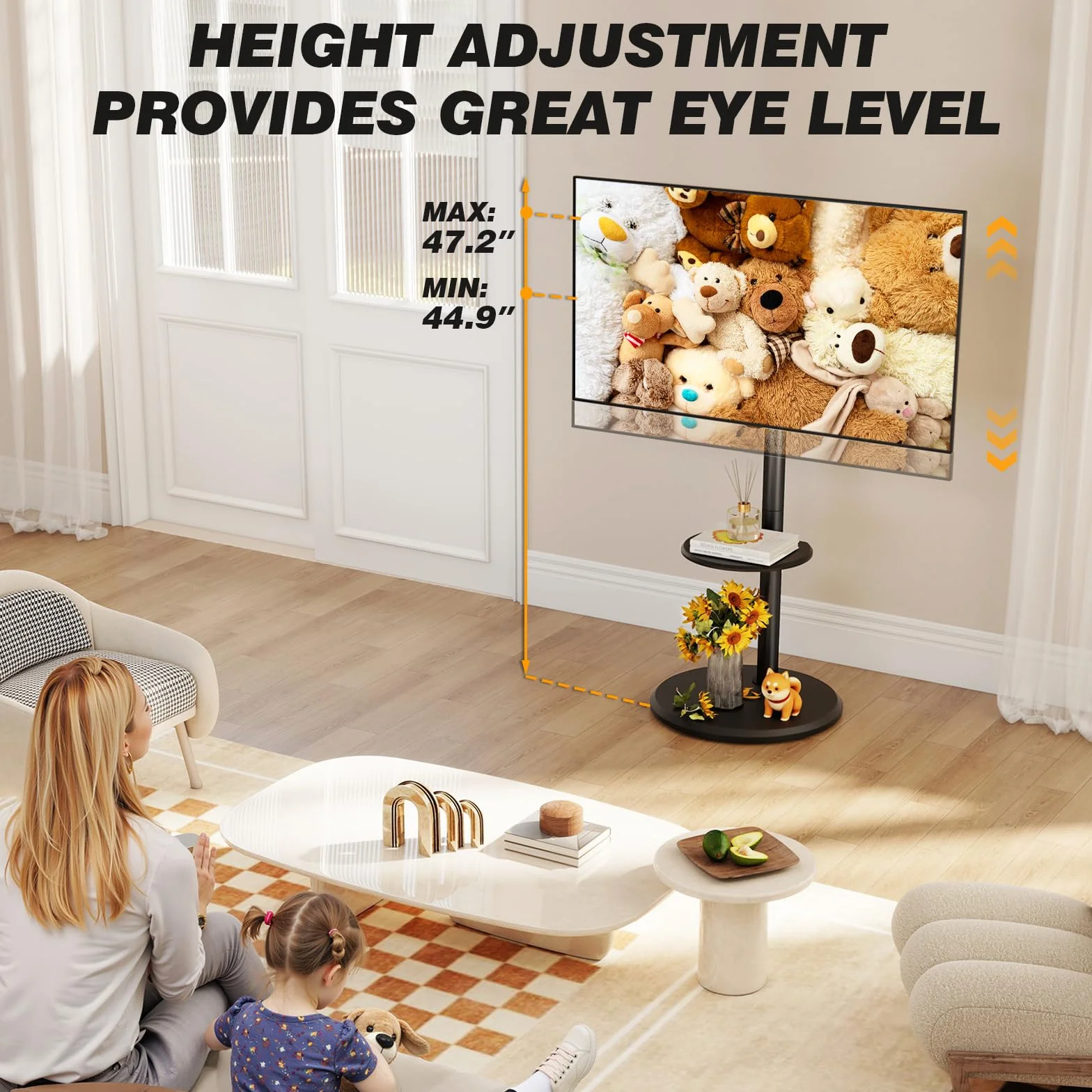 5Rcom Rolling Mobile TV Stand for 32-65 Inch Flat Screen TVs | Height Adjustable Tilt TV Cart with Storage Shelf, Holds 88lbs, Black for Bedroom Living Room Office