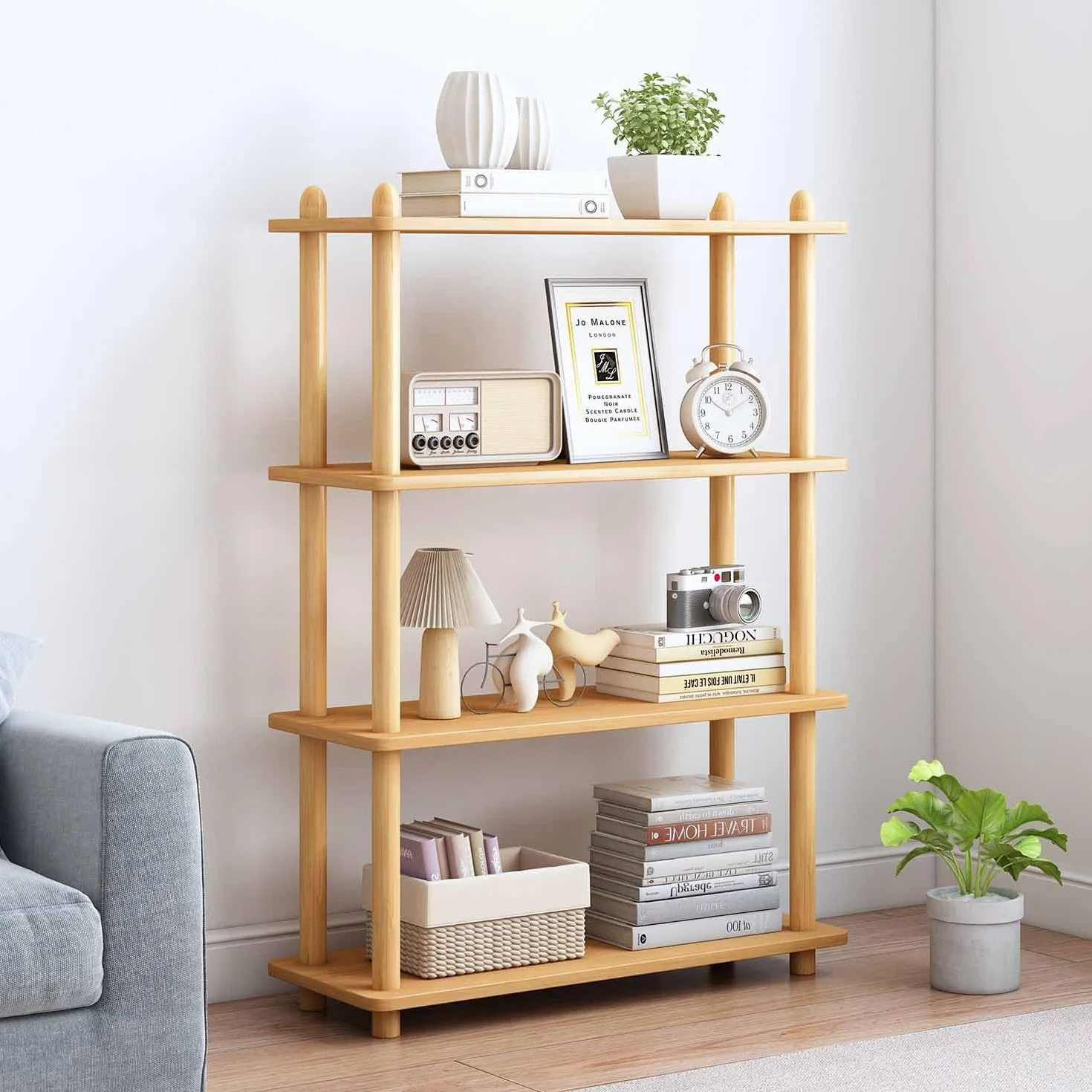 IOTXY 4-Tier Wooden Shelf Bookcase, Freestanding Open Bookshelf, Oak | Beech Wood Frame, 0.63" Shelves, Display Storage for Books, Plants, Decor, Living Room, Bedroom, Home Office
