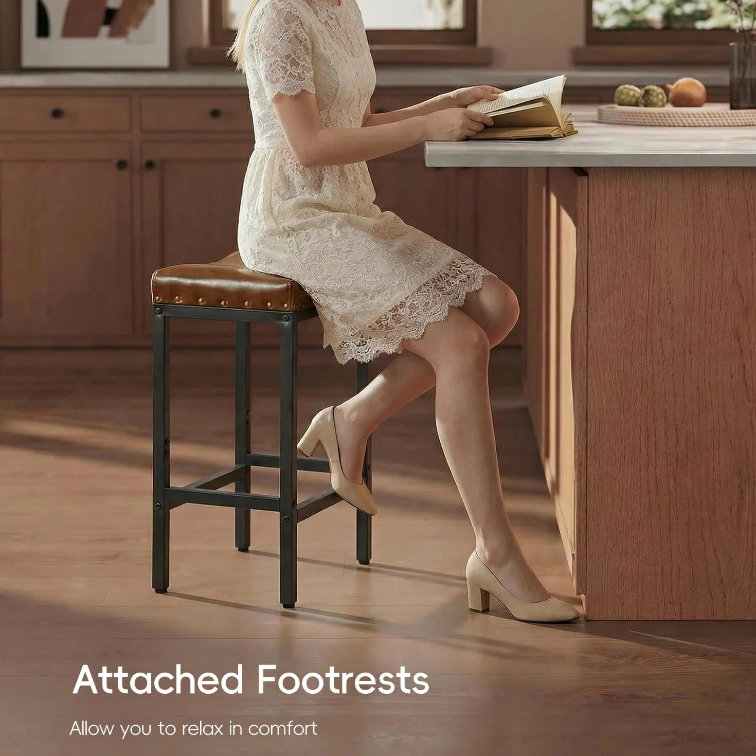 Forteek 25.5'' Bar Stools Set of 2, Counter Height Barstools with Nailhead | Bar Height Stools, Faux Leather Barstool with Footrest, Saddle Stool for Kitchen Island, Dining Room, Easy Assembly, Brown