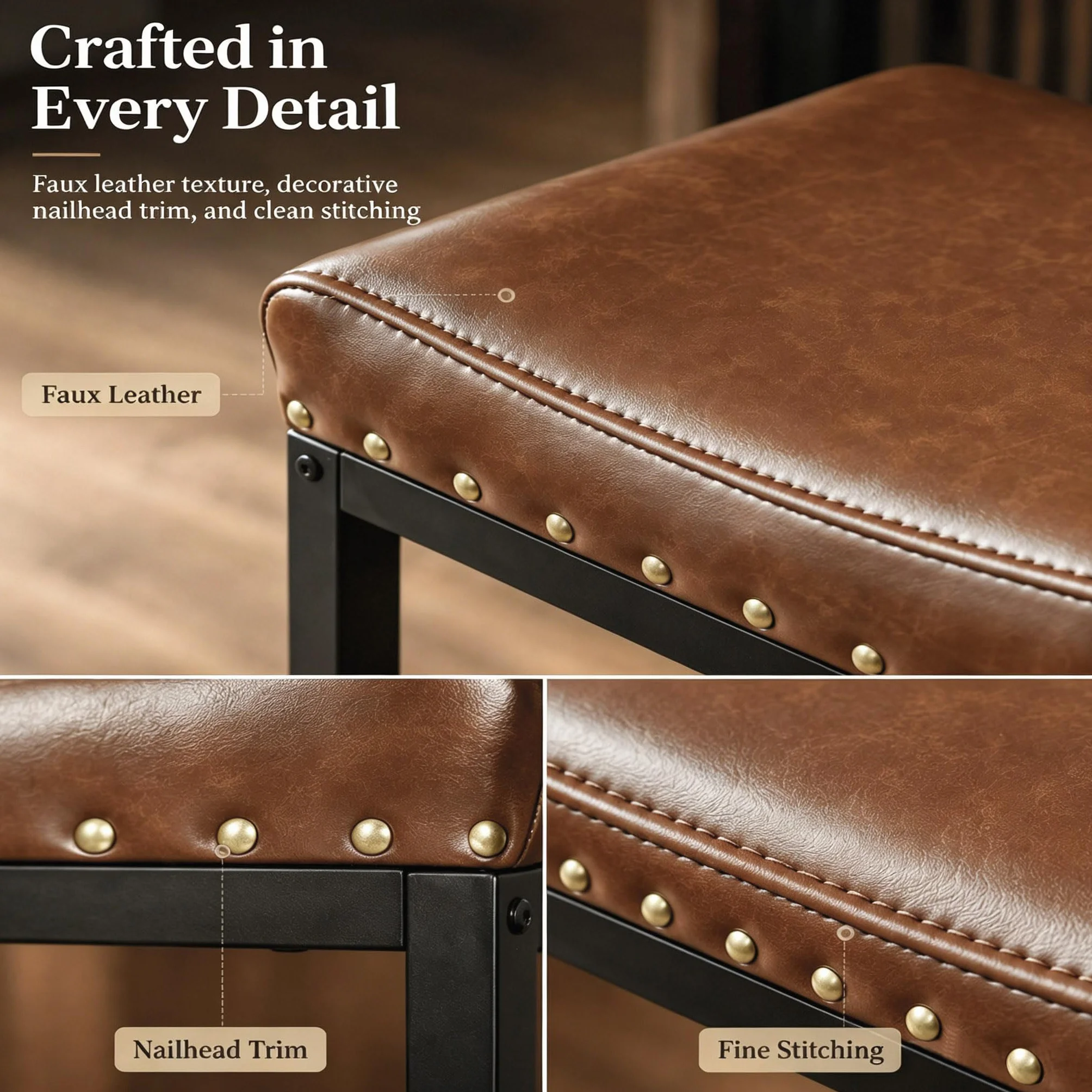 Forteek 25.5'' Bar Stools Set of 2, Counter Height Barstools with Nailhead | Bar Height Stools, Faux Leather Barstool with Footrest, Saddle Stool for Kitchen Island, Dining Room, Easy Assembly, Brown