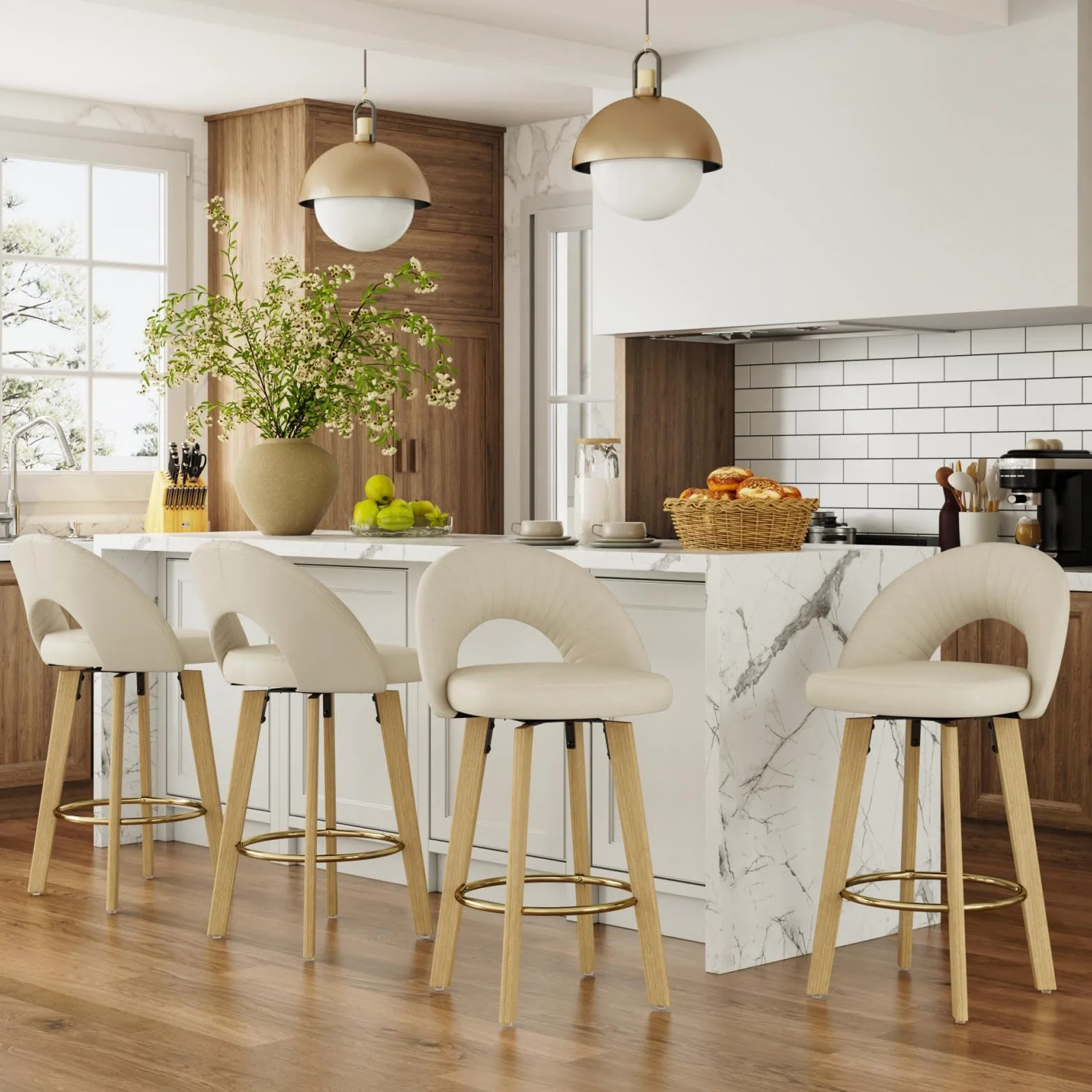 Bar Stools Set of 2, Swivel Counter Height Bar Stools with Bentwood Legs,Metal Footrest,Mid Century Modern Faux Leather Upholstered Counter Stools for Kitchen Island, Bar, Restaurant-Beige