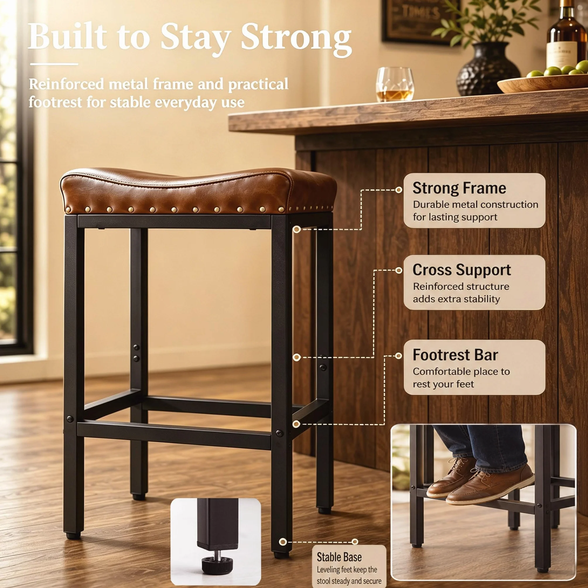 Forteek 25.5'' Bar Stools Set of 2, Counter Height Barstools with Nailhead | Bar Height Stools, Faux Leather Barstool with Footrest, Saddle Stool for Kitchen Island, Dining Room, Easy Assembly, Brown