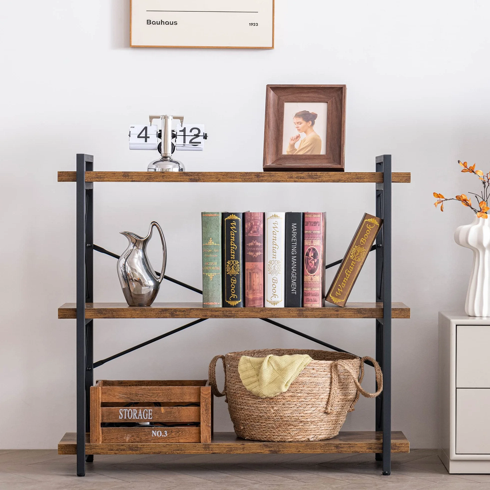 HCHQHS 3-Tier Industrial Bookshelf, 35" W x 12" D x 35" H | 1.2" Shelf Thickness, 14.17" Shelf Height, Wood and Metal, Horizontal, Rustic Brown, for Office Living Room Bedroom