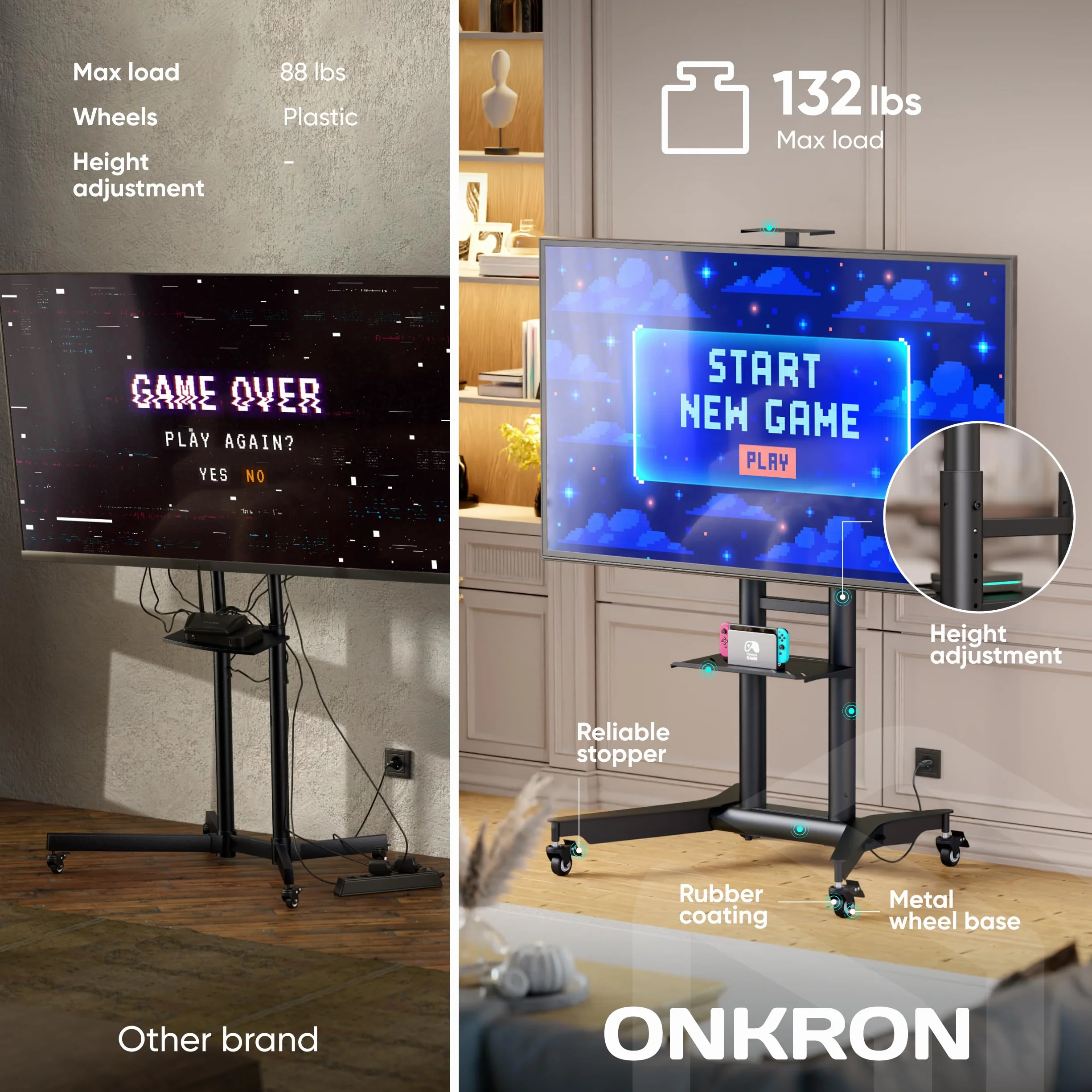 ONKRON Mobile TV Stand 32-75 Inch, up to 110 lbs, max VESA 600x400, Black | TV rolling cart height adjustable 39.3"-57.6", AV & webcam shelves, locking wheels; for home, office & meeting rooms