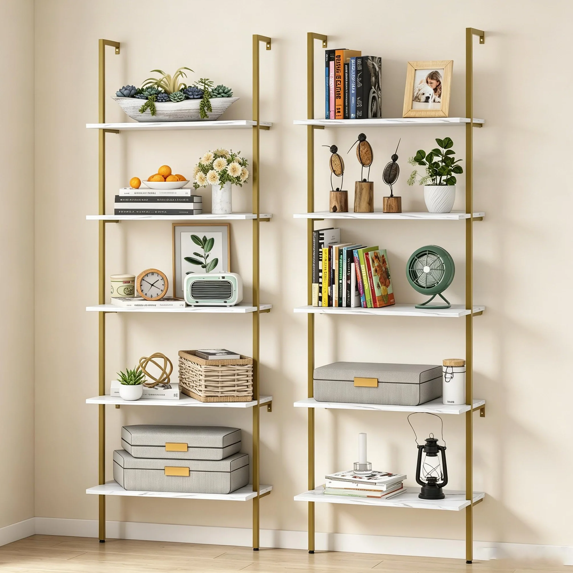 Wolawu Ladder Shelf 5 Tiers Wall Mounted Bookshelf 2-Piece White Marble Modern Bookshelf Open Tall Storage Bookcase Standing Leaning Wall Shelves Industrial Decorative for Home Office Living Room