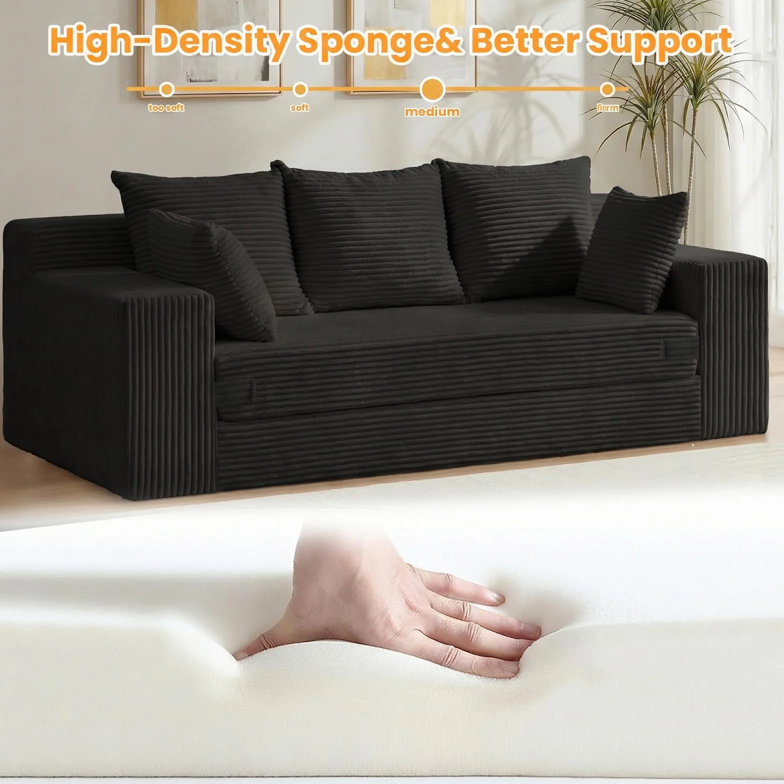 Convertible Sofa Bed, Pull Out 3 Seater Sleeper Sofa, 70" Black Boneless Couch Fold Out Floor Couch with 5 Pillows for Living Room Bedroom Lounge Small Space