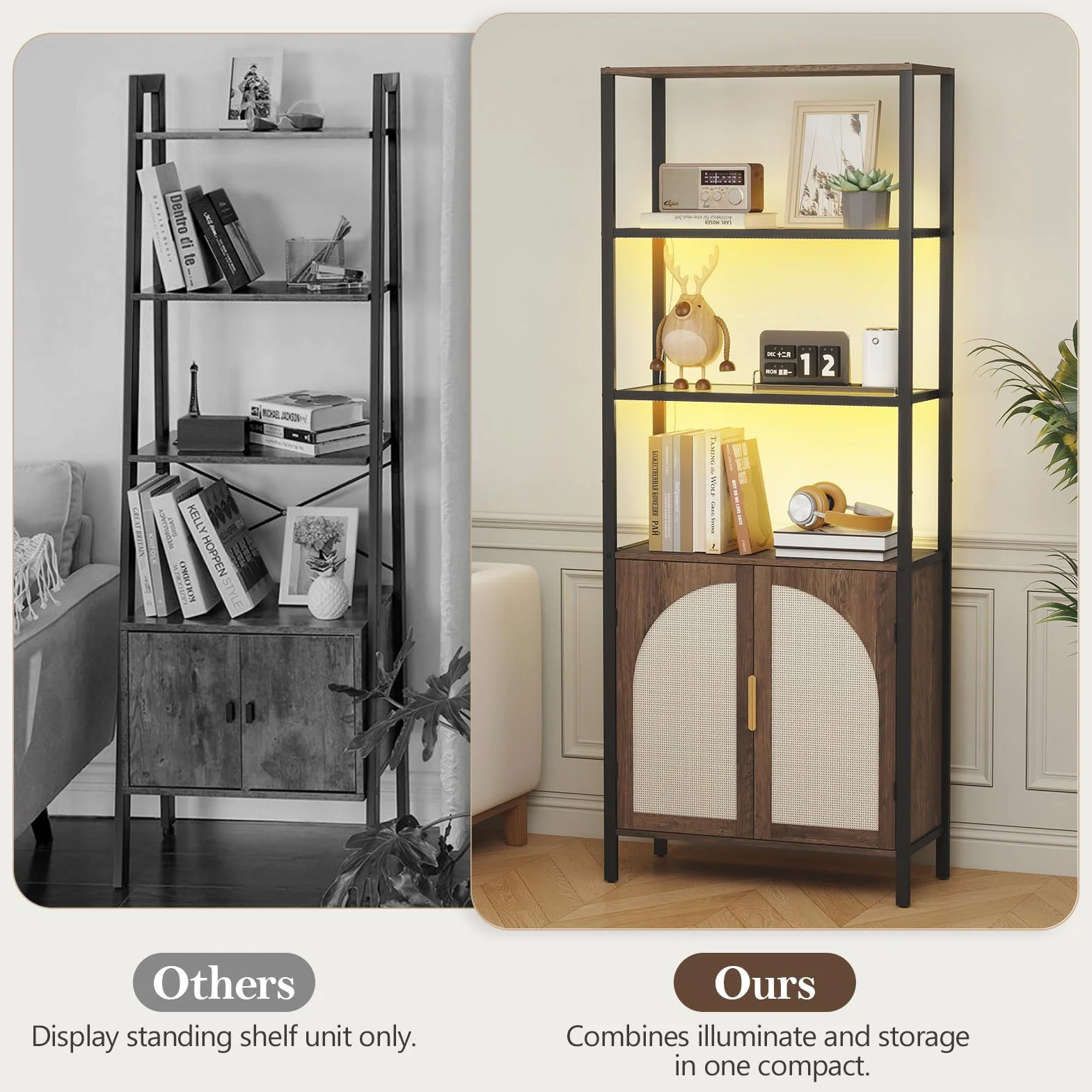 Turosur Rattan Bookshelf with Storage, Boho Bookcase with Wicker Doors, 71" Tall Book Shelf with LED Lights for Living Room, Brown