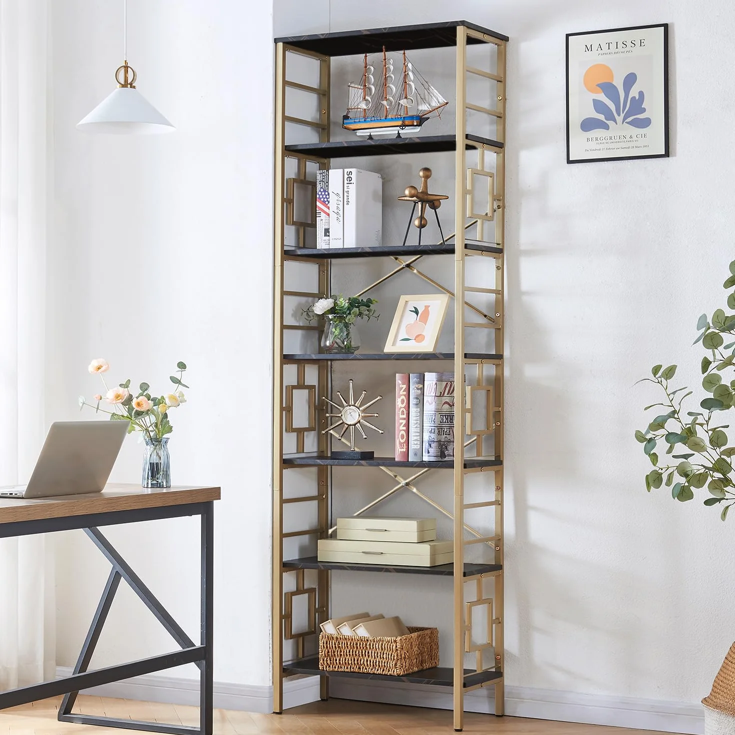 HOMISSUE Bookcase,7-Tier Tall Bookshelf Metal Bookcase and Bookshelves, Free Standing Storage Modern Bookshelf for Home Office Living Room and Bedroom, Black & Gold