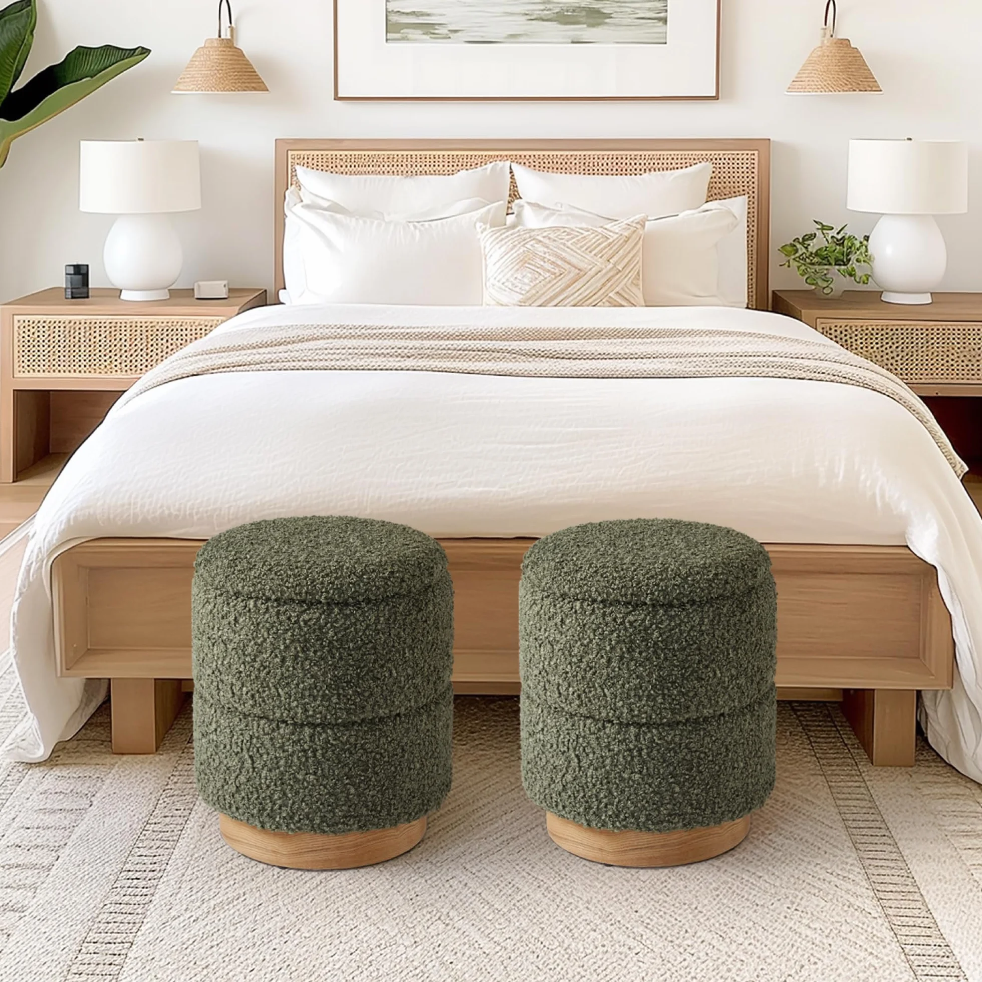 Round Ottoman with Storage, Modern Boucle Ottoman Upholstered Foot Stool with Wood Base, Vanity Stool Chair, Footrest Extra Seat for Living Room Bedroom Entryway (Olive Green)