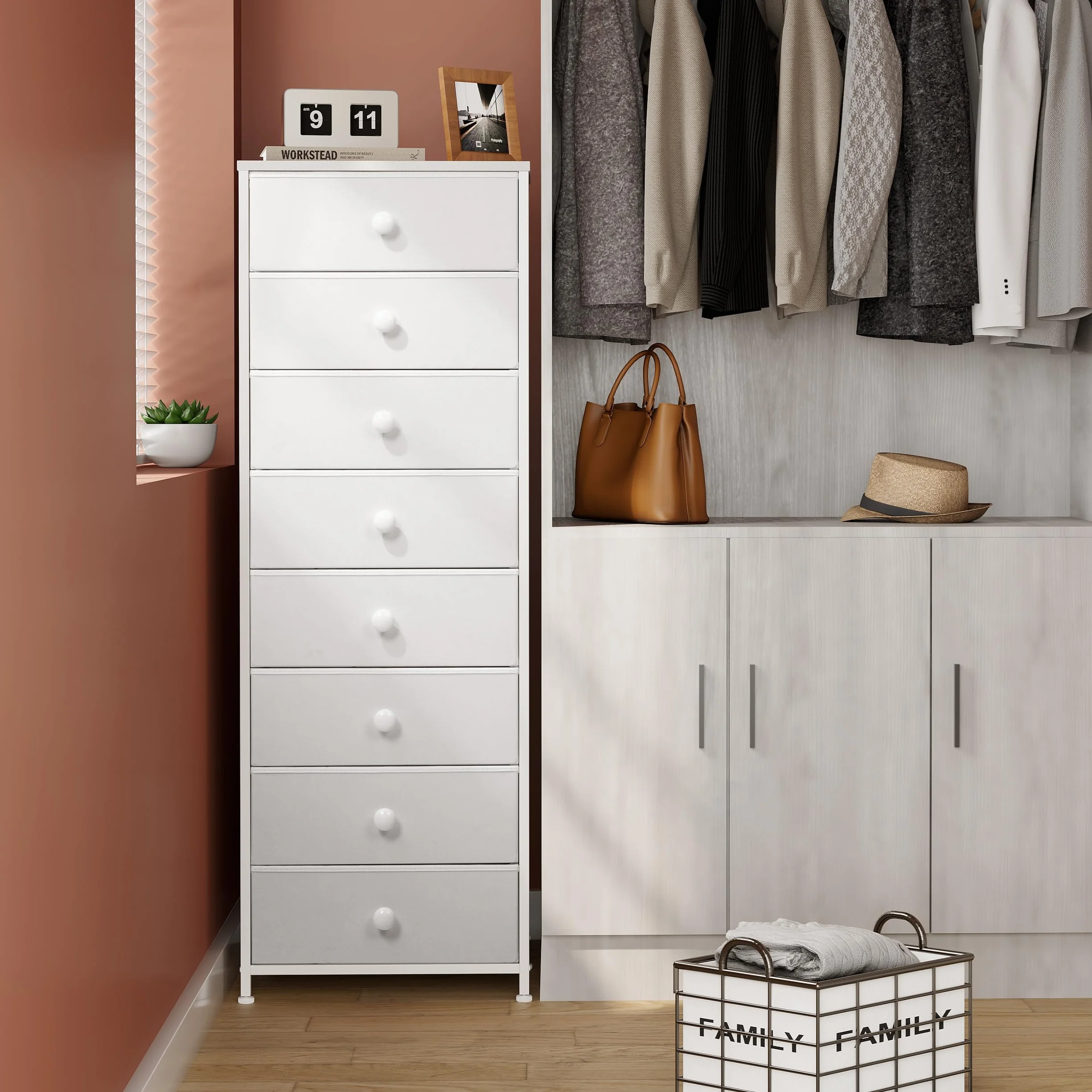 Fabric Dresser for Bedroom, 8 Drawer Tall Vertical Skinny Tower (White) | Wooden Top, Steel Frame, Easy Pull Bin,Organizer Unit for Living Room, Hallway, Entryway, Nursery, Closets