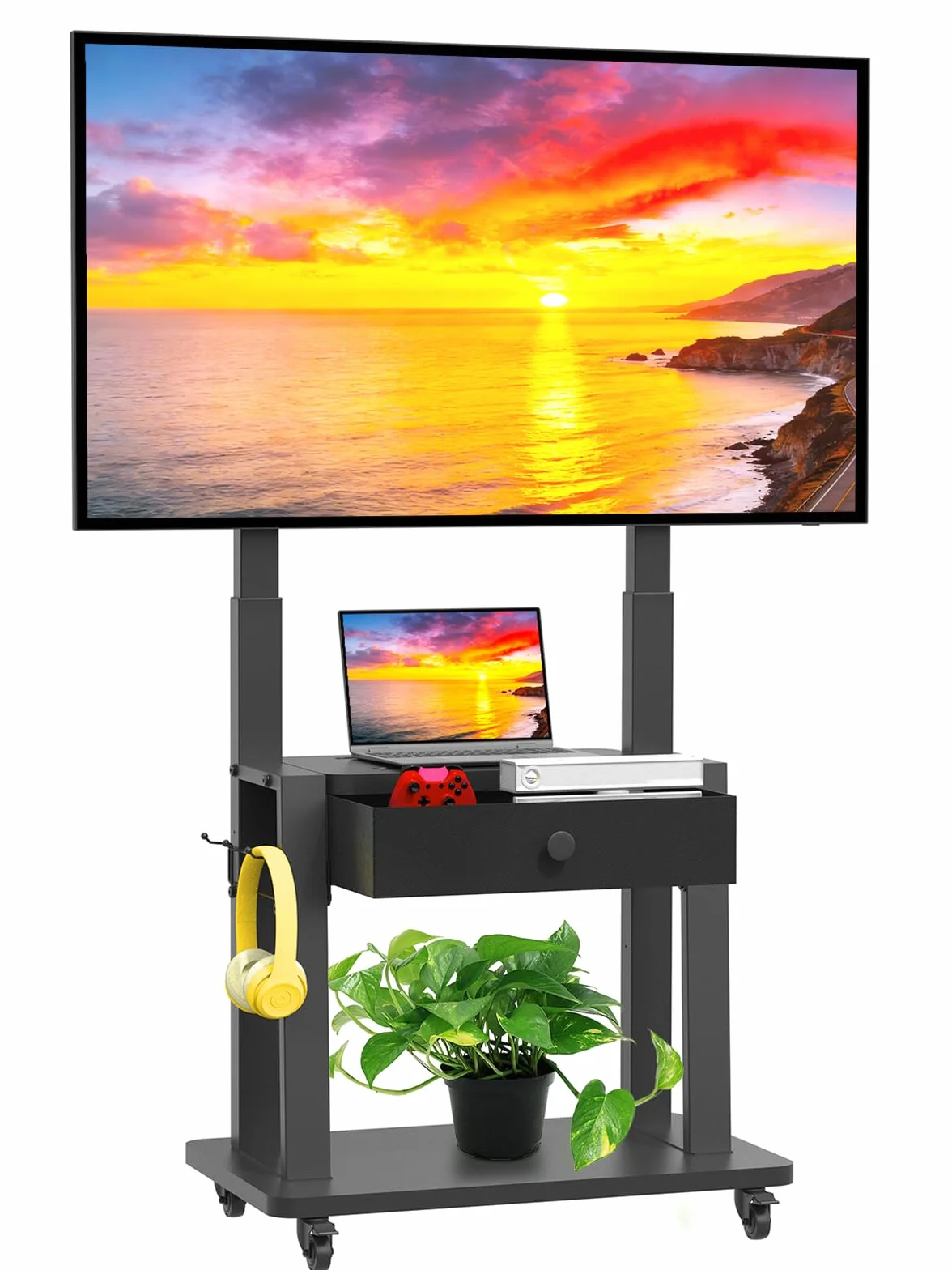 Rolling TV Stand with Fabric Drawer for 32-75 Inch Flat/Curved Screen Adjustable Height LCD/LED/OLED with Storage Mobile TV Cart on Wheels up to 220lbs for Home Office Outdoor Max VESA 600x400mm Black