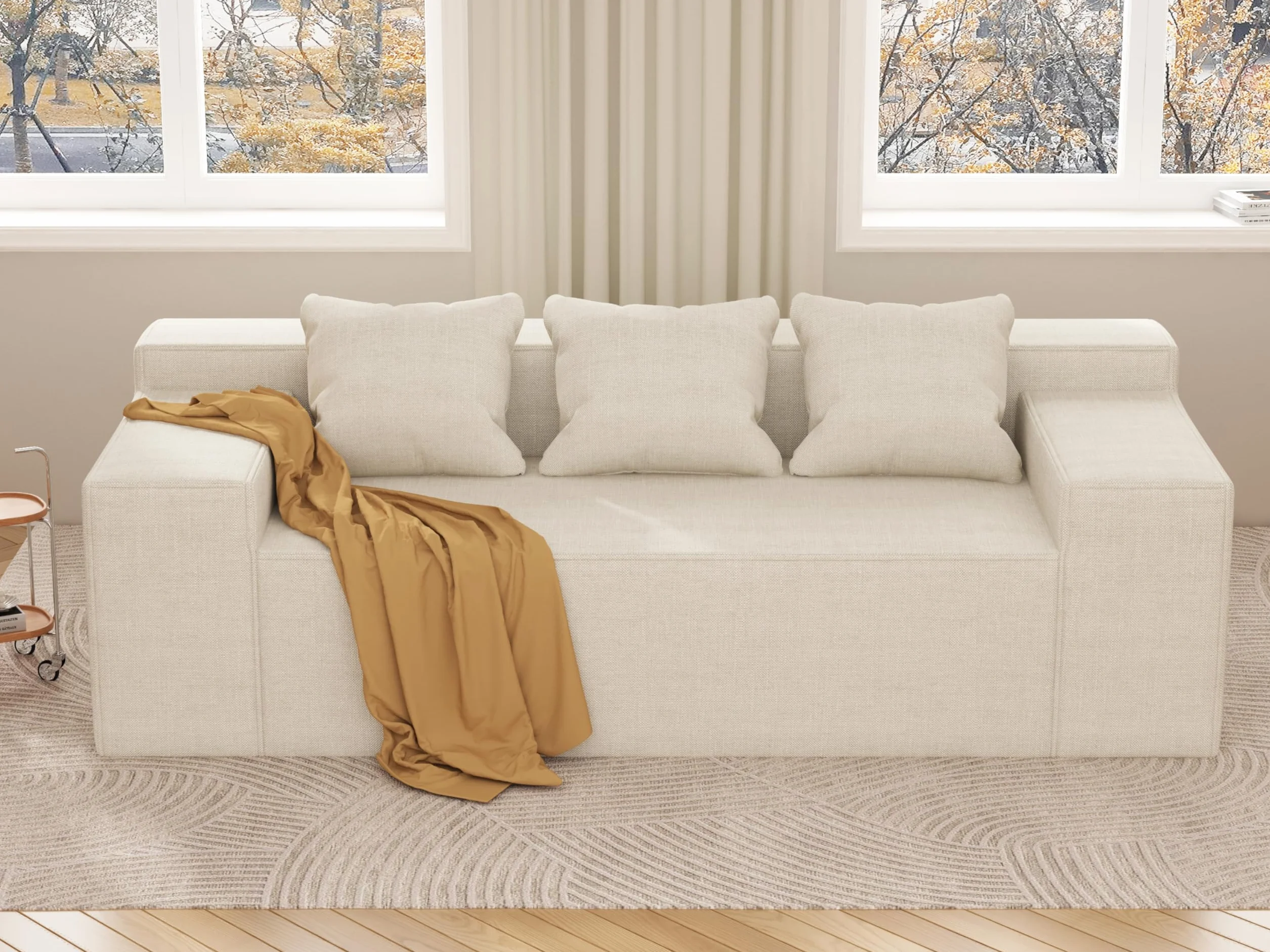 Modern 3-Seater Sofa, Hybrid Sofa in a Box, No Assembly Required, Comfy Sofa Couch with 3 Matching Pillows, Cat-Scratch Resistant Linen, Couch for Living Room or Bedroom, Beige