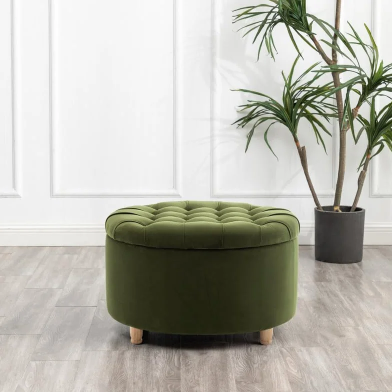 Niche Knight 28-Inch Large Round Pintucked Storage Ottoman with Lift-Off Lid, Tufted Upholstered Accent Footrest for Living Room, Bedroom, Entryway, Hidden Storage – Emerald Green