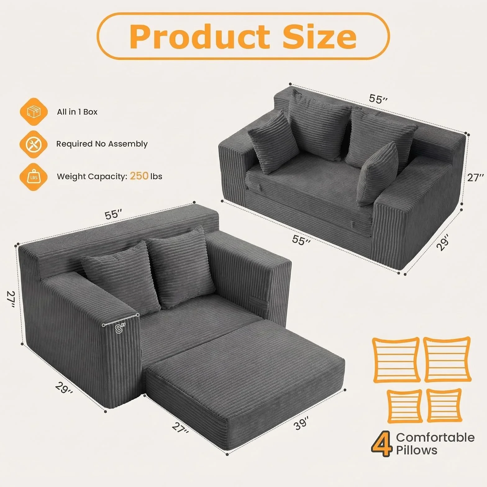 Winzon Boneless Loveseat, 3 in 1 Convertible Sofa Bed Sleeper Sofa Floor Futon Bed with 4 Pillows, 55" Grey Boneless Couch for Living Room, Guest Room, Small Space, No Assembly Required, Corduroy