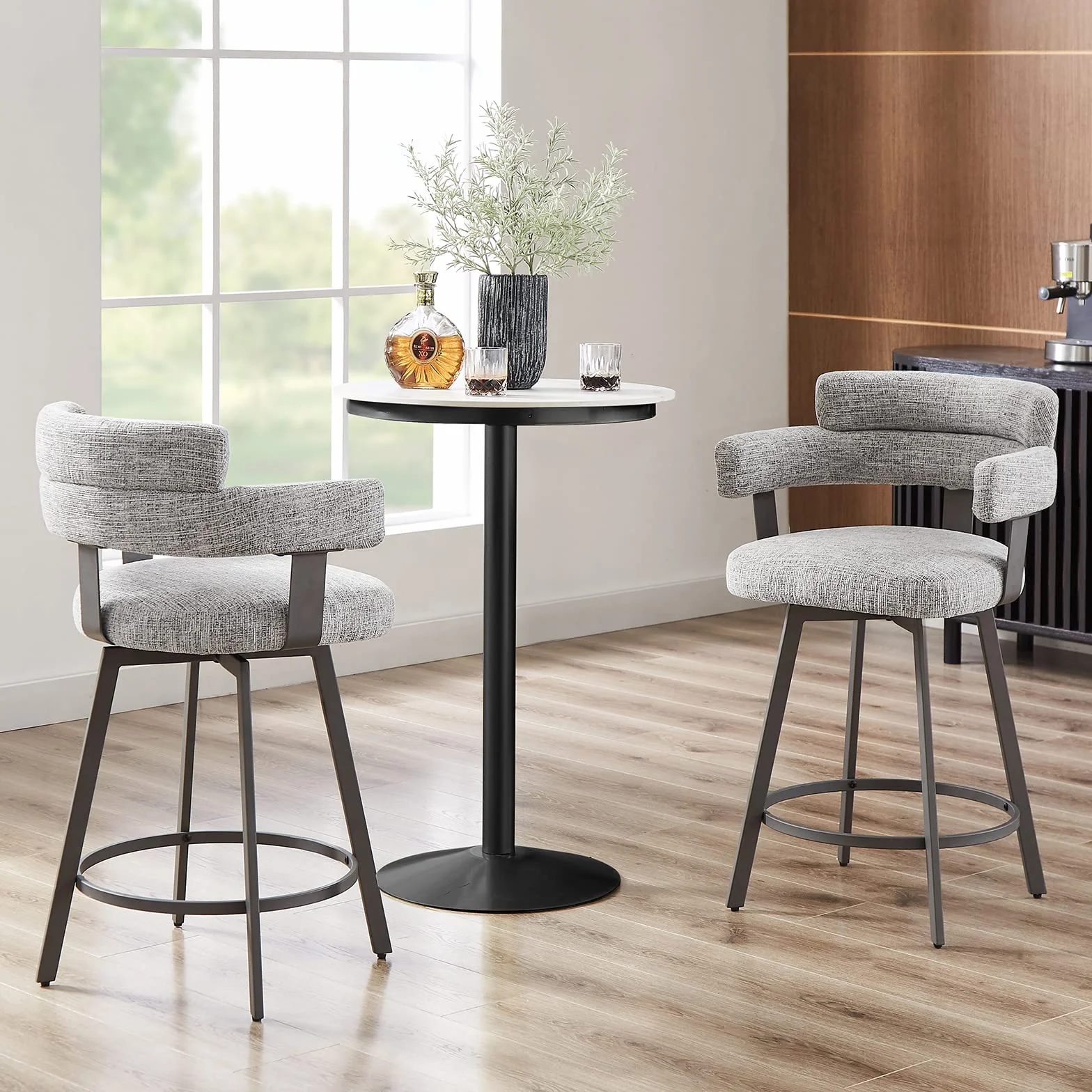 Counter Height Bar Stools with Full Back – Swivel Counter Stools Set of 2 with Linen Padded Back, Metal Footrest, Modern Barstools for Kitchen Counter, Island, Dining Room, Grey 24 inch