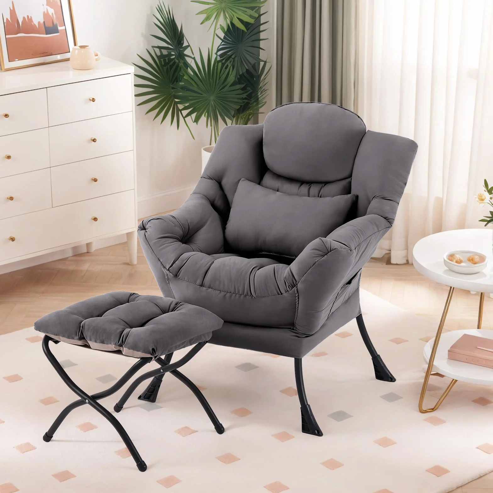 Furlide Lazy Chair with Ottoman, Comfy Fabric Accent Lounge Arm Chair with Lumbar Pillow and Folding Footrest, Reading Leisure Sofa Armchair for Bedroom, Living Room, Dorm,Dark Grey | Comfy Accent Lounge Chair with Pillow & folding Foot Stool, sturdy meta