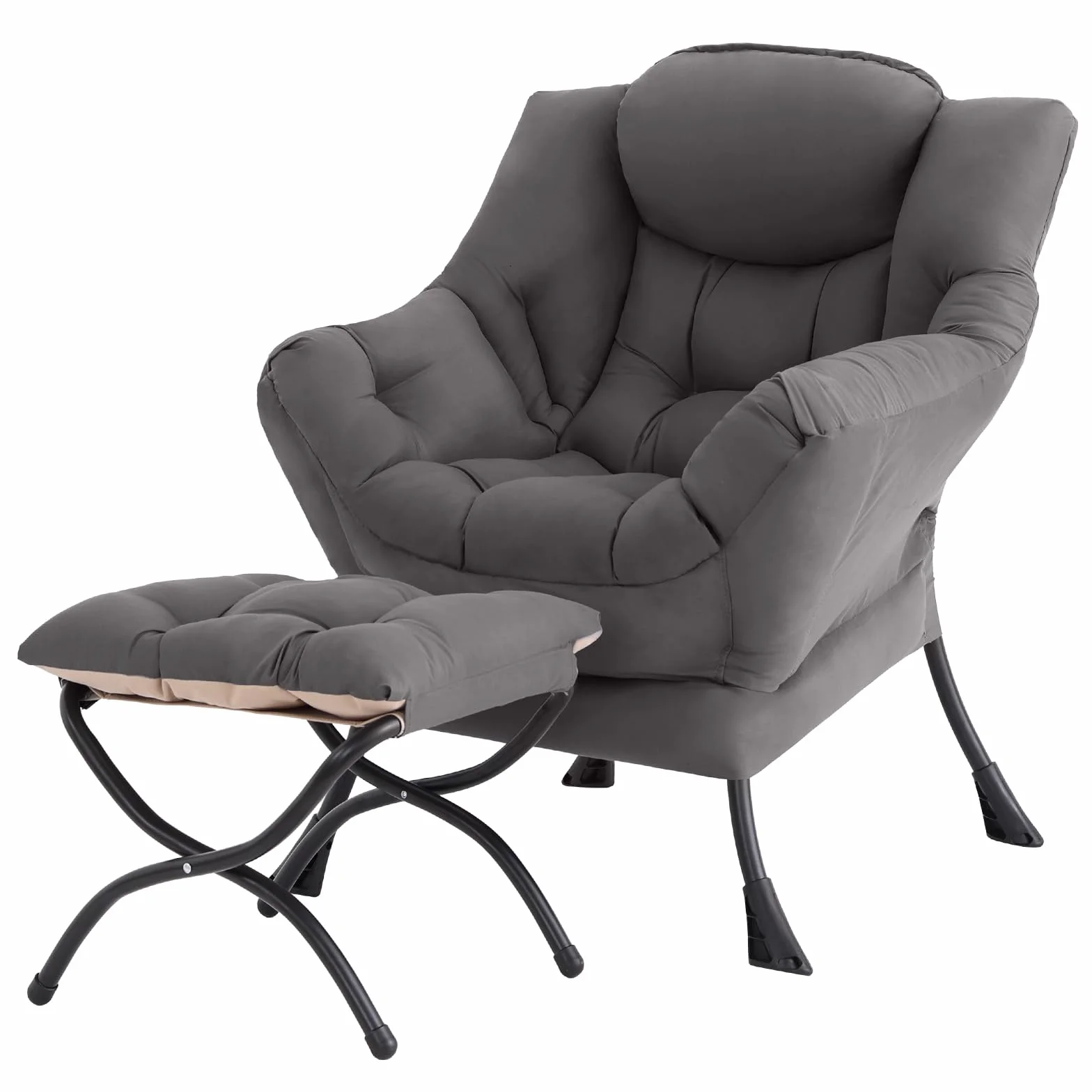 Lazy Chair with Ottoman, Comfy Reading Accent Chair, Dark Grey | Foldable Footrest, Padded Seat and Backrest, Side Pocket for Lounging in Living Rooms, Bedrooms, Dorms and Small Spaces