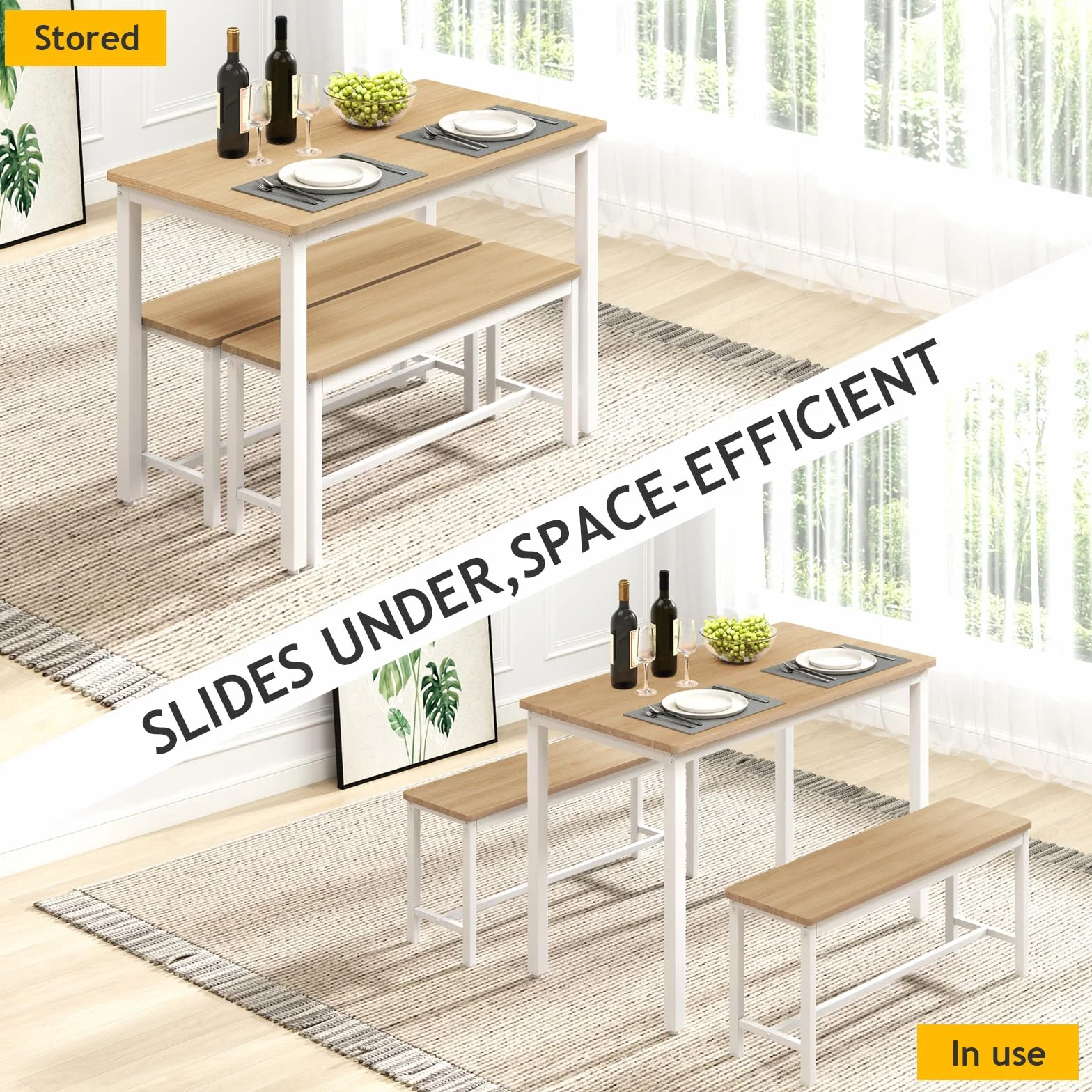 Rovibek 43" Dining Room Table Chairs Set for 4, Modern Space Saving Kitchen Table with 2 Benches & Adjustable Feet Breakfast Table, Wooden Industrial Style Farmhouse, White