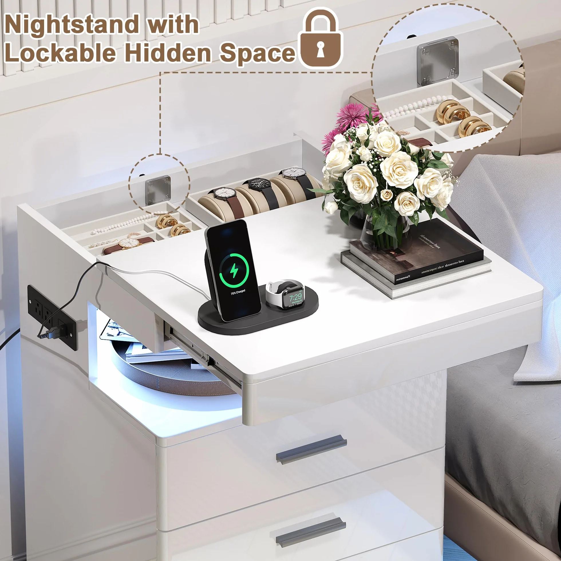 Treocho Led Nightstand with Hidden Space & Charging Station | 3 Drawer Smart Nightstand, Glossy Finish, RGB Lights, Tall Bedside Table for Bedroom, White