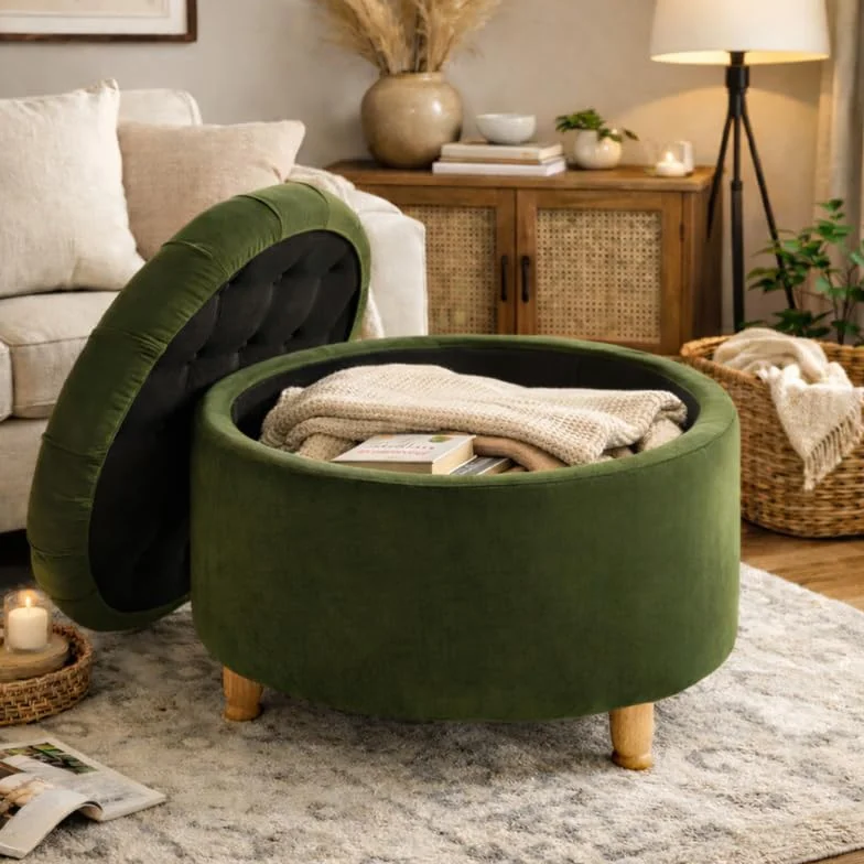 Niche Knight 28-Inch Large Round Pintucked Storage Ottoman with Lift-Off Lid, Tufted Upholstered Accent Footrest for Living Room, Bedroom, Entryway, Hidden Storage – Emerald Green