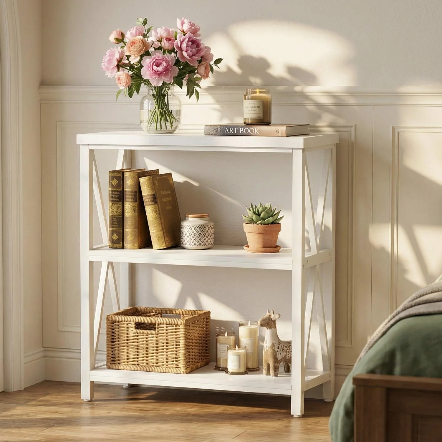 Small Bookshelf for Small Space, Short Rustic Low Bookcase, Modern Wood and Metal Book Shelf and Narrow Book Case for Living Room, Hallway (White Oak)