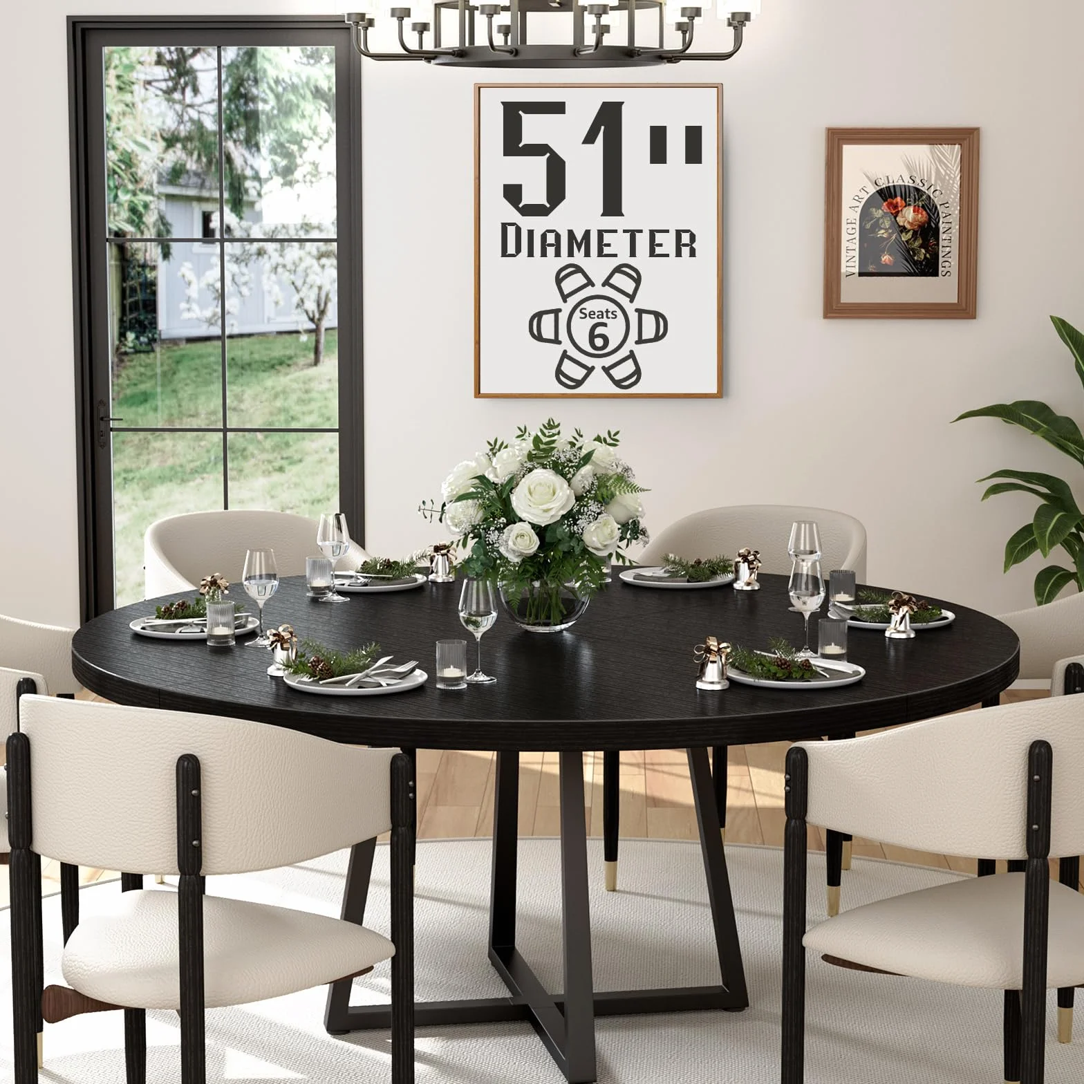 Black Round Dining Table for 6 - Modern Circle 51 Inch Large Room Kitchen Dinning Tables for 4 to 6 Person Seats Small Spaces Wood Dinner Mesa De Comedor Redonda