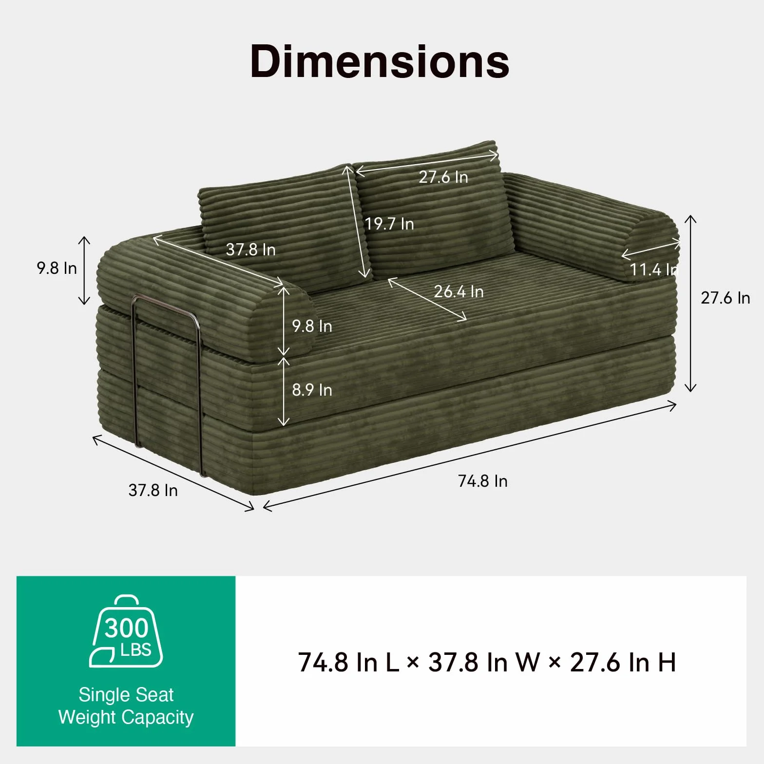 Novilla 75" Convertible Futon Sofa Bed, Boneless Couch with Smarts Coil® Support & High-Density Foam, No Assembly Corduroy Folding Loveseat Floor Sleeper for Living Room, Apartment, Bedroom, Green