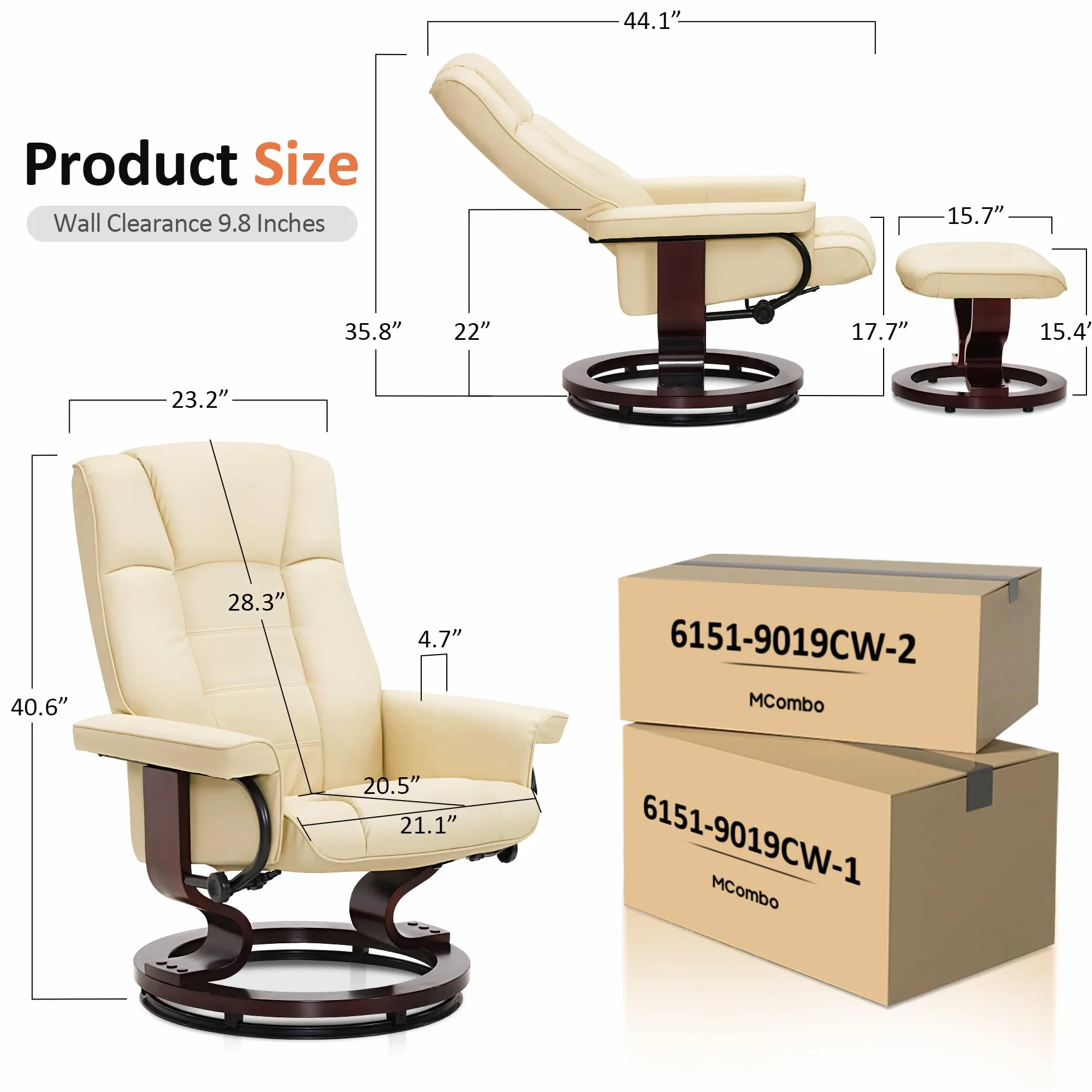 MCombo Manual Swivel Recliner with Ottoman, Chair Ottoman Set for RV Small Spaces, Living Room, Bedroom, Office 9019 4919 (Faux Leather, Cream White)