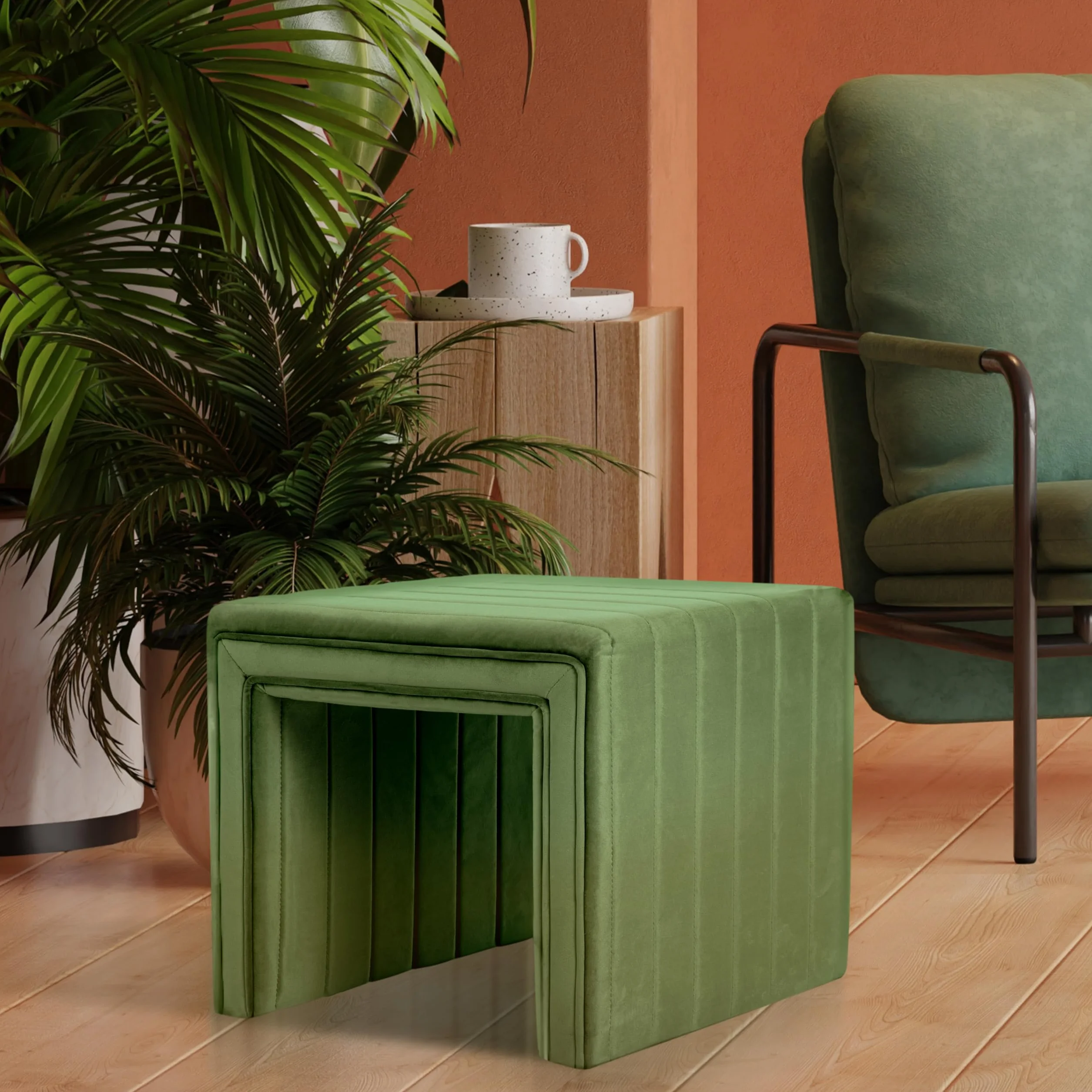 Spatial Order 19" Modern Channel Tufted Velvet Ottoman - Green
