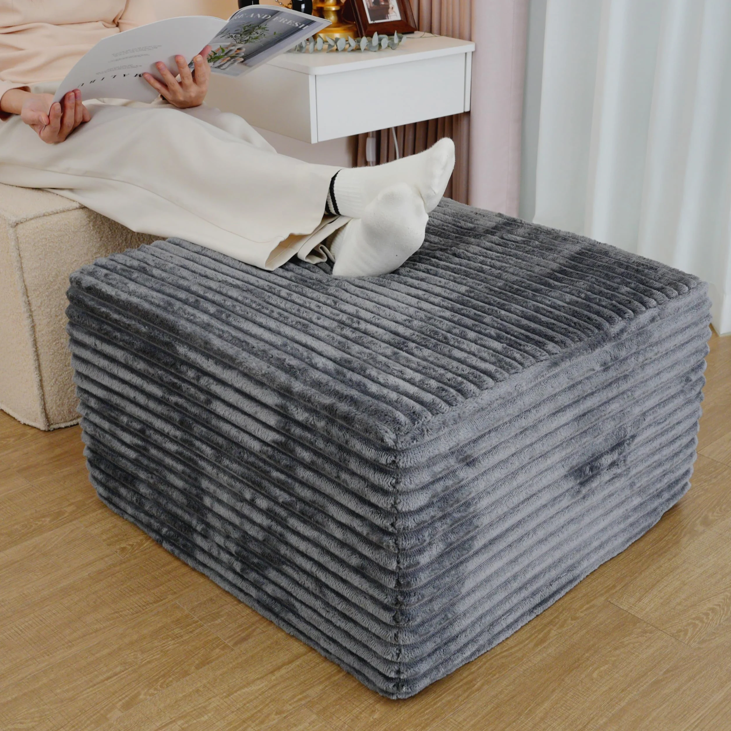 25.6" Corduroy Ottoman for Living Room,Plush Upholstered Ottoman for Couch,Memory Foam Compressed Sofa in A Box No Assembly Require,Dark Grey