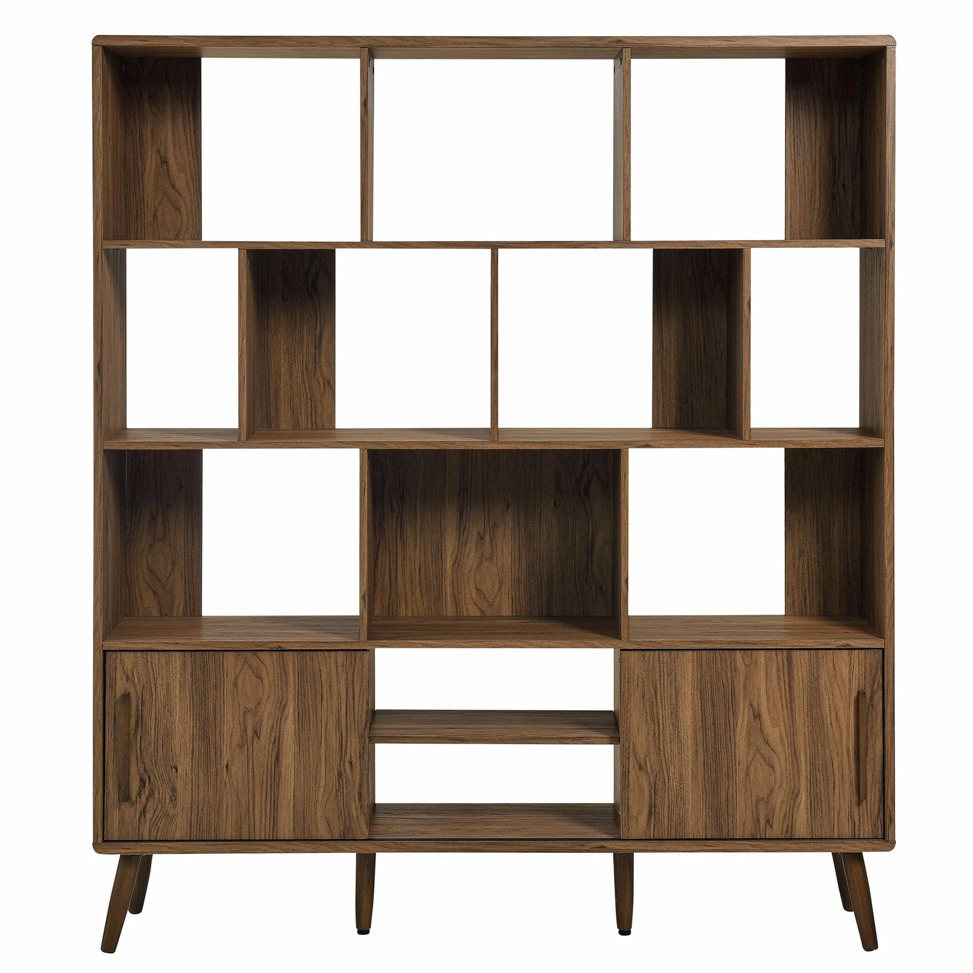 Modway Transmit 14 Shelf Bookcase with Sliding Doors in Walnut - 59 Inch Wood Mid-Century Modern Bookshelf - 4 Tier Wide Open Display Storage Cabinet for Living Room, Office, Hallway