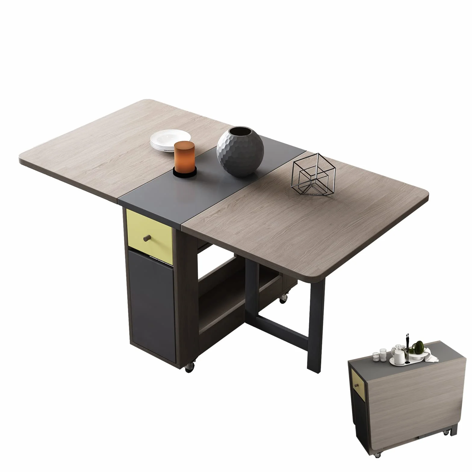 Drop Leaf Folding Dining Table with Storage, 2 Drawers, Grey | 3 Foldable Forms, Space Saving, Movable on Casters, for Kitchen Dining Living Room, Extendable, Versatile