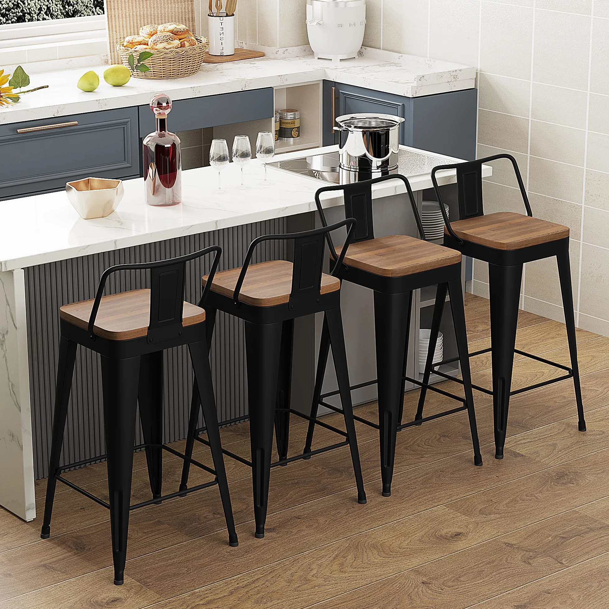 WENTMENT Metal Bar Stools Set of 4 Counter Height Barstools with Removable Back 26" Kitchen Bar Stools with Wooden Seat, Black